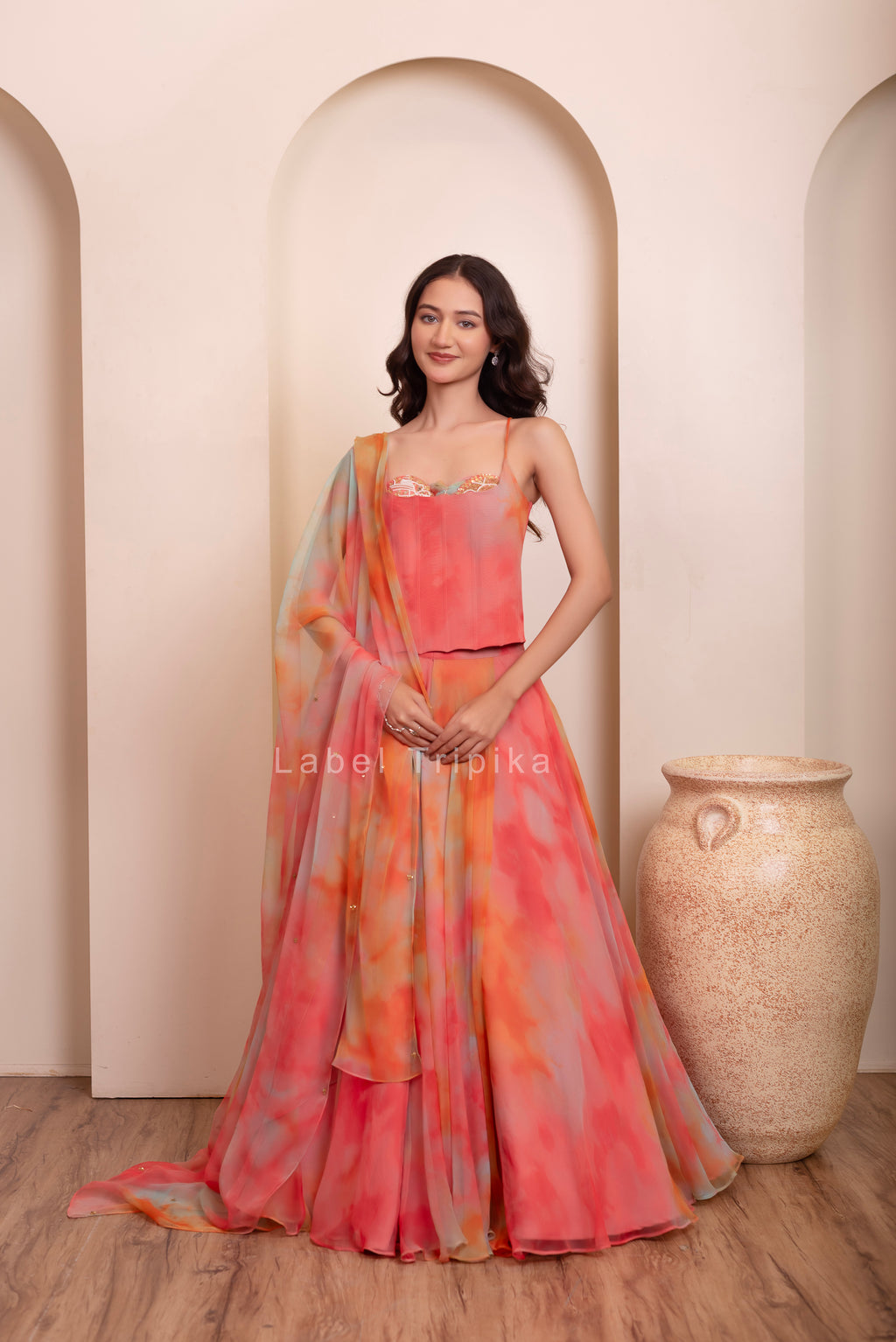 Rainbow Chiffon Handwork Coorset Skirt Set