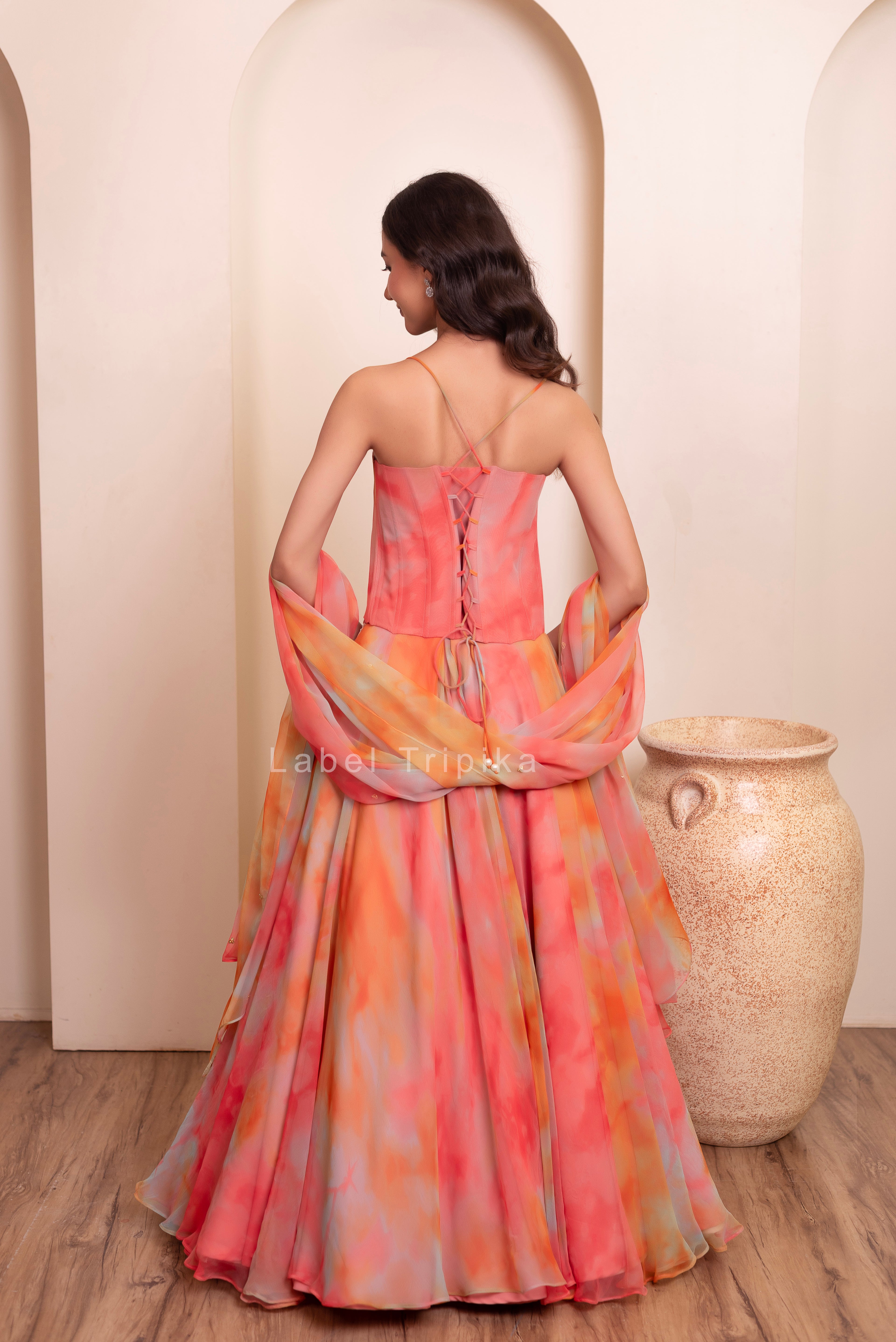 Rainbow Chiffon Handwork Coorset Skirt Set