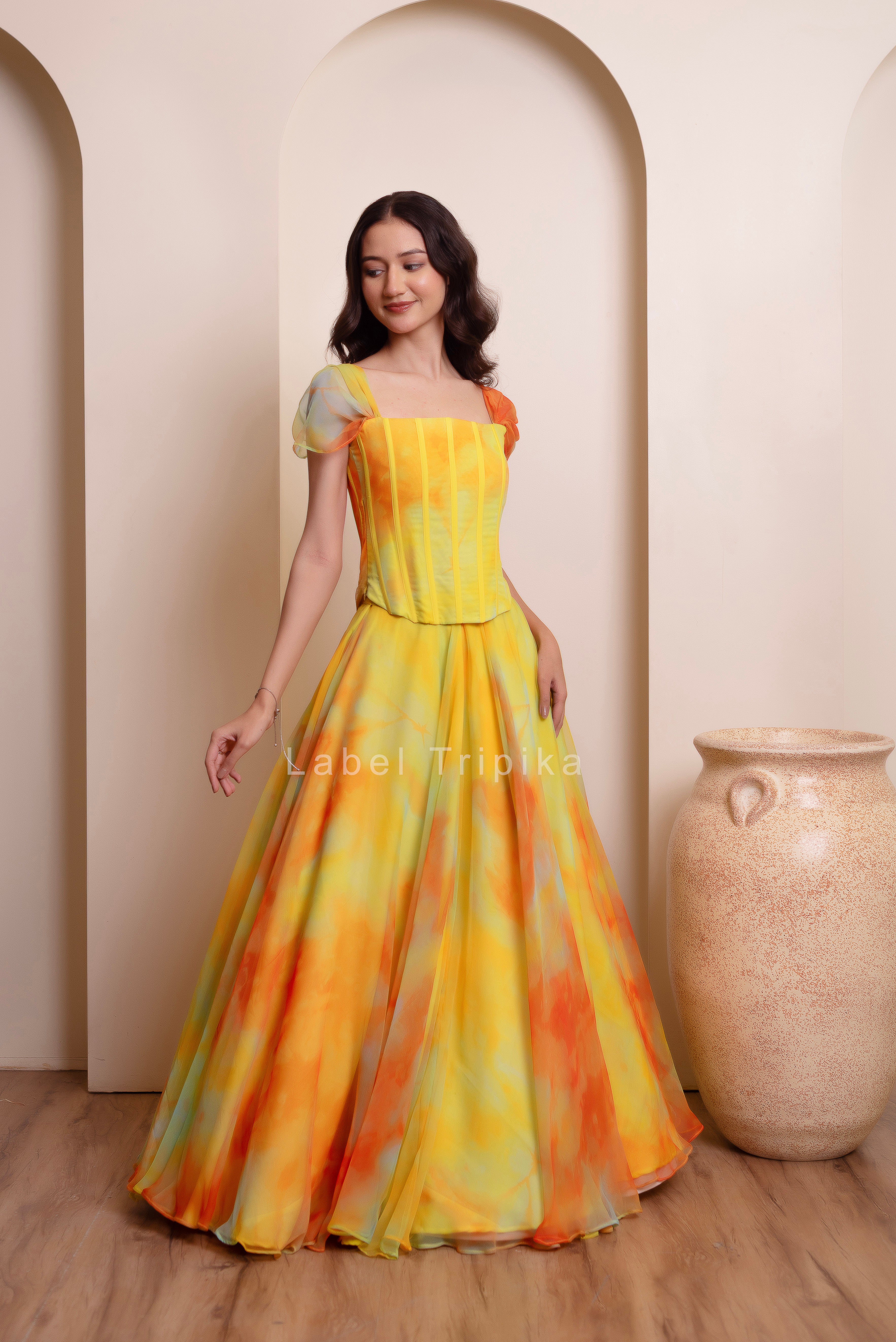 Yellow Chiffon Handwork Coorset Skirt Set