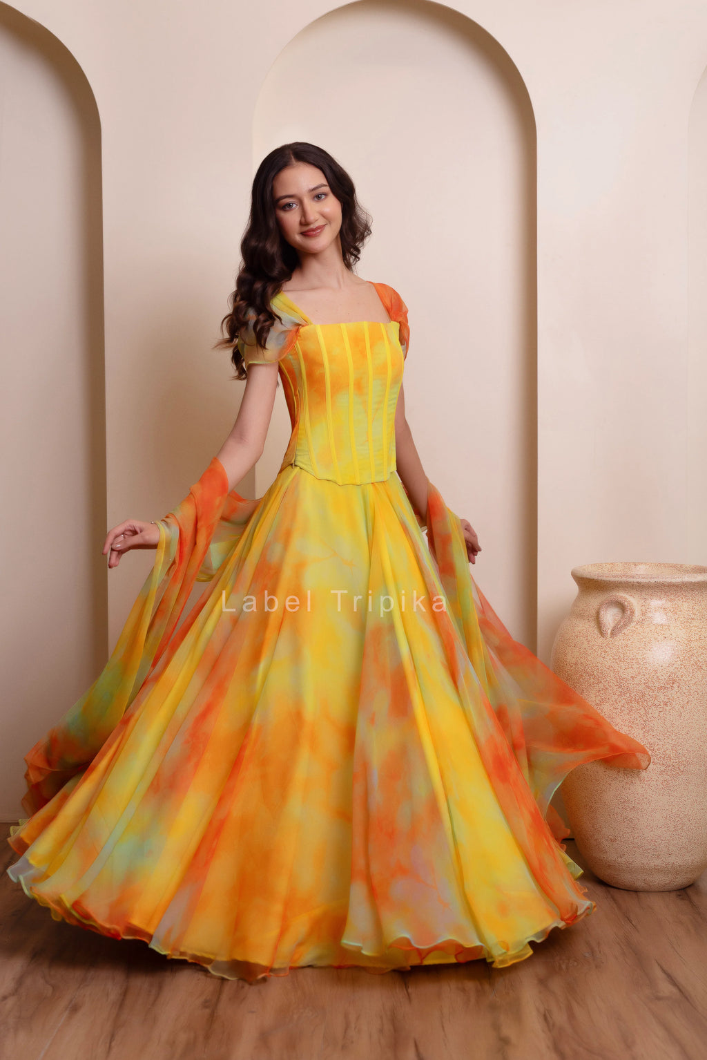 Yellow Chiffon Handwork Coorset Skirt Set - LabelTrpika | Premium Womens Wear