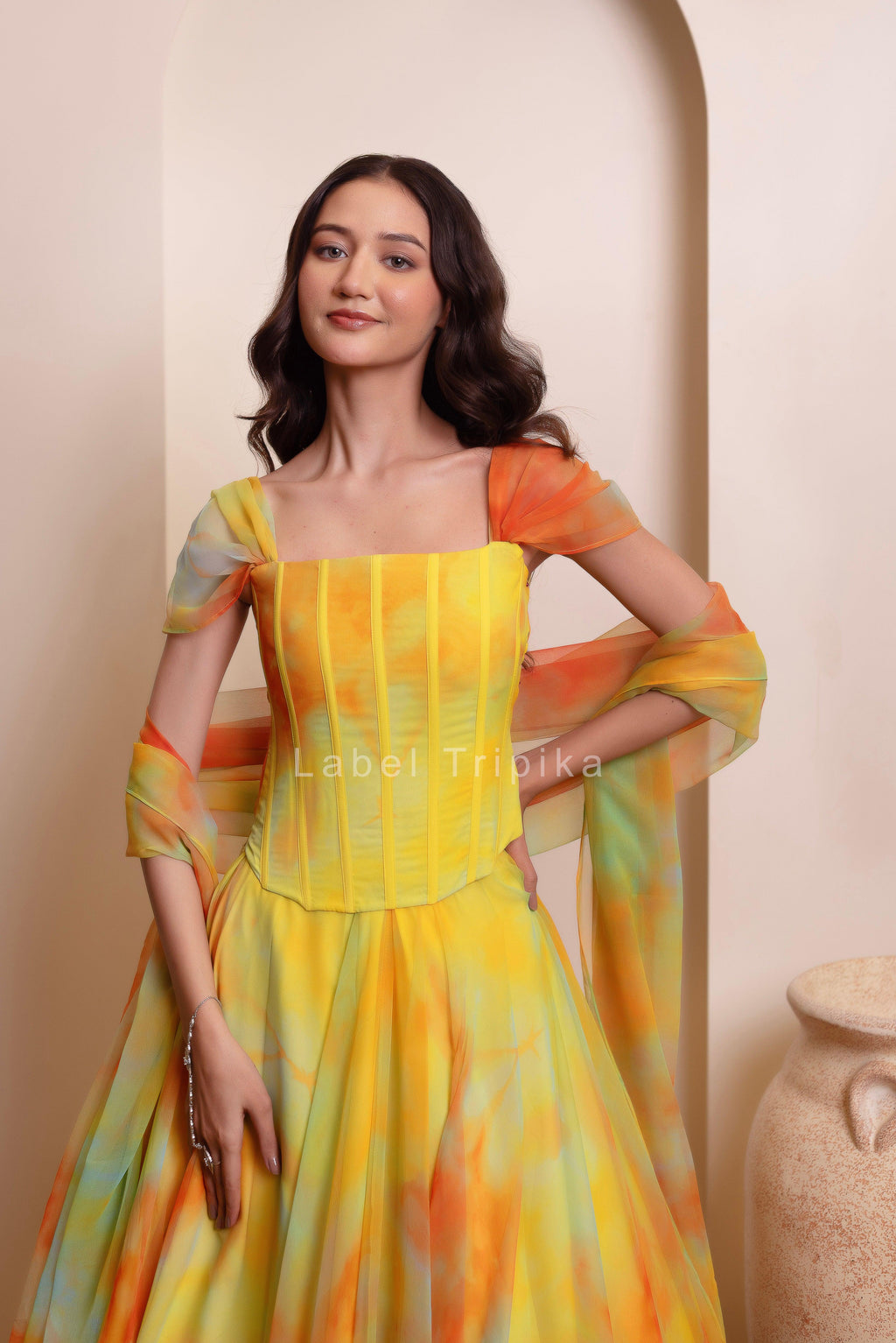 Yellow Chiffon Handwork Coorset Skirt Set - LabelTrpika | Premium Womens Wear