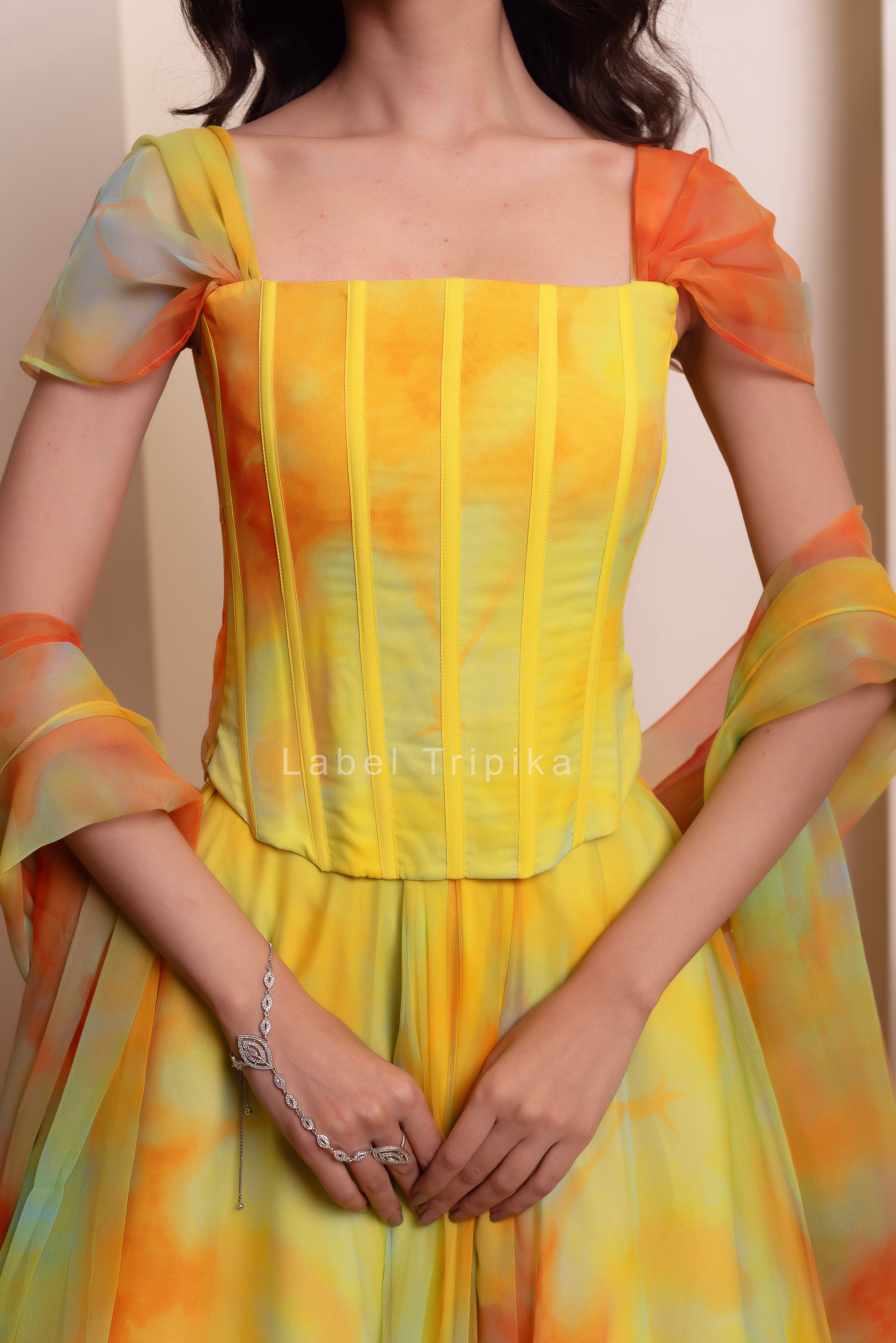 Yellow Chiffon Handwork Coorset Skirt Set