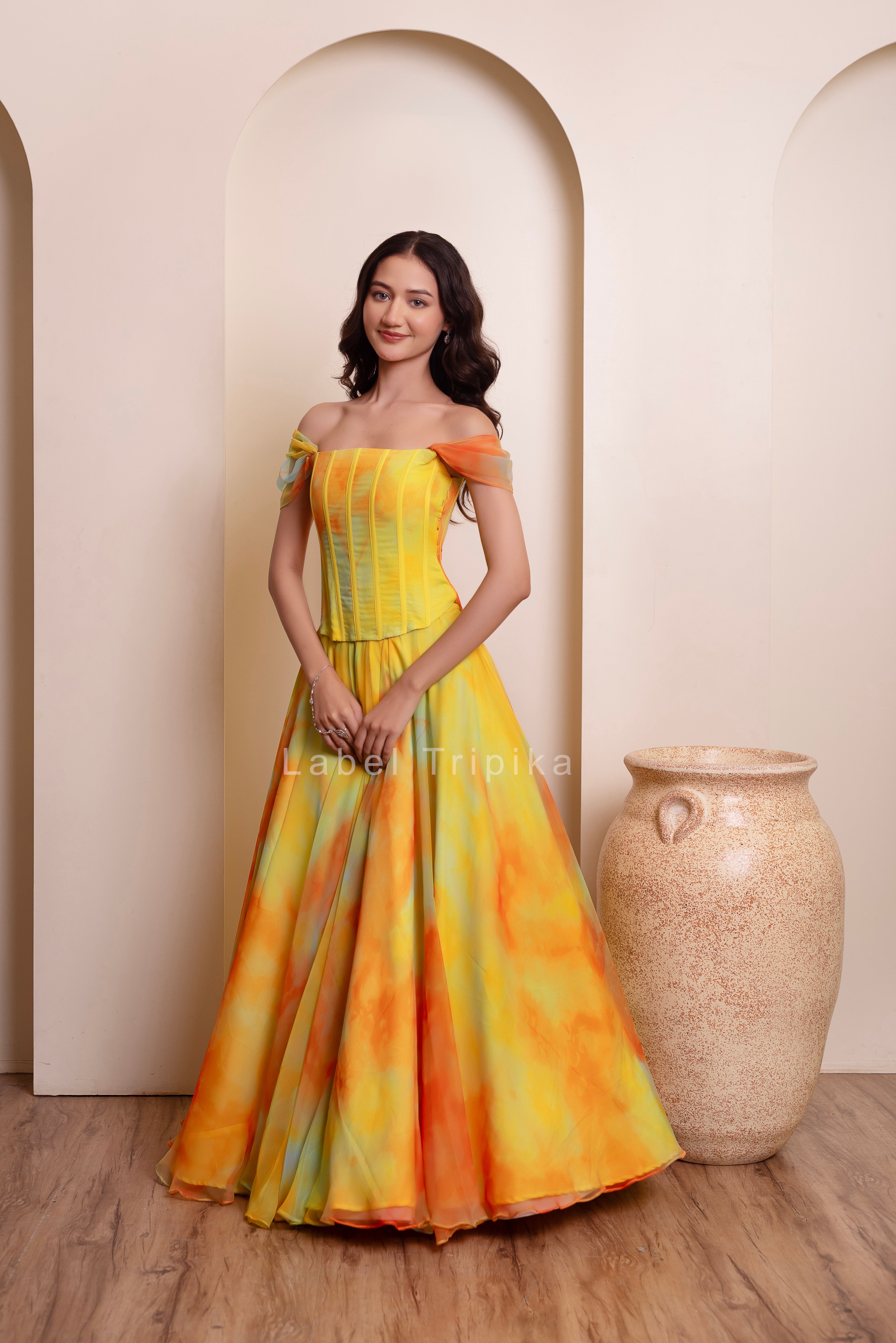 Yellow Chiffon Handwork Coorset Skirt Set