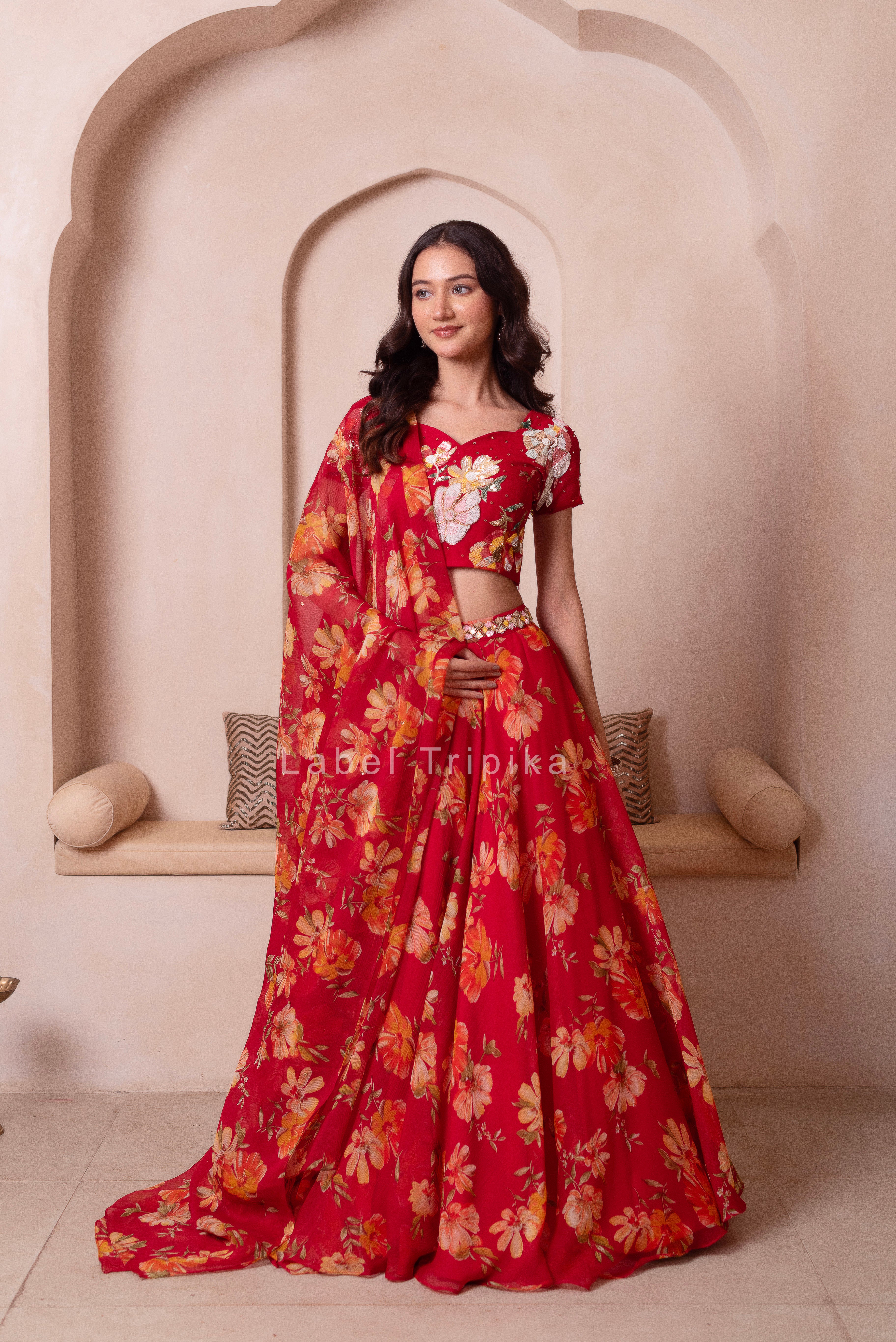 Red Floral Chiffon Handwork Lehenga  Set