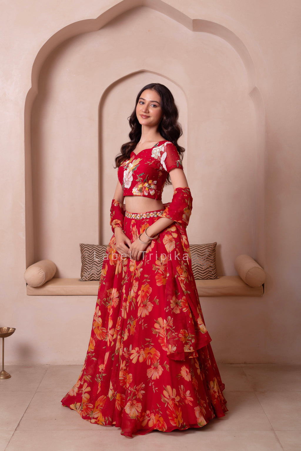 Red Floral Chiffon Handwork Lehenga Set - LabelTrpika | Premium Womens Wear