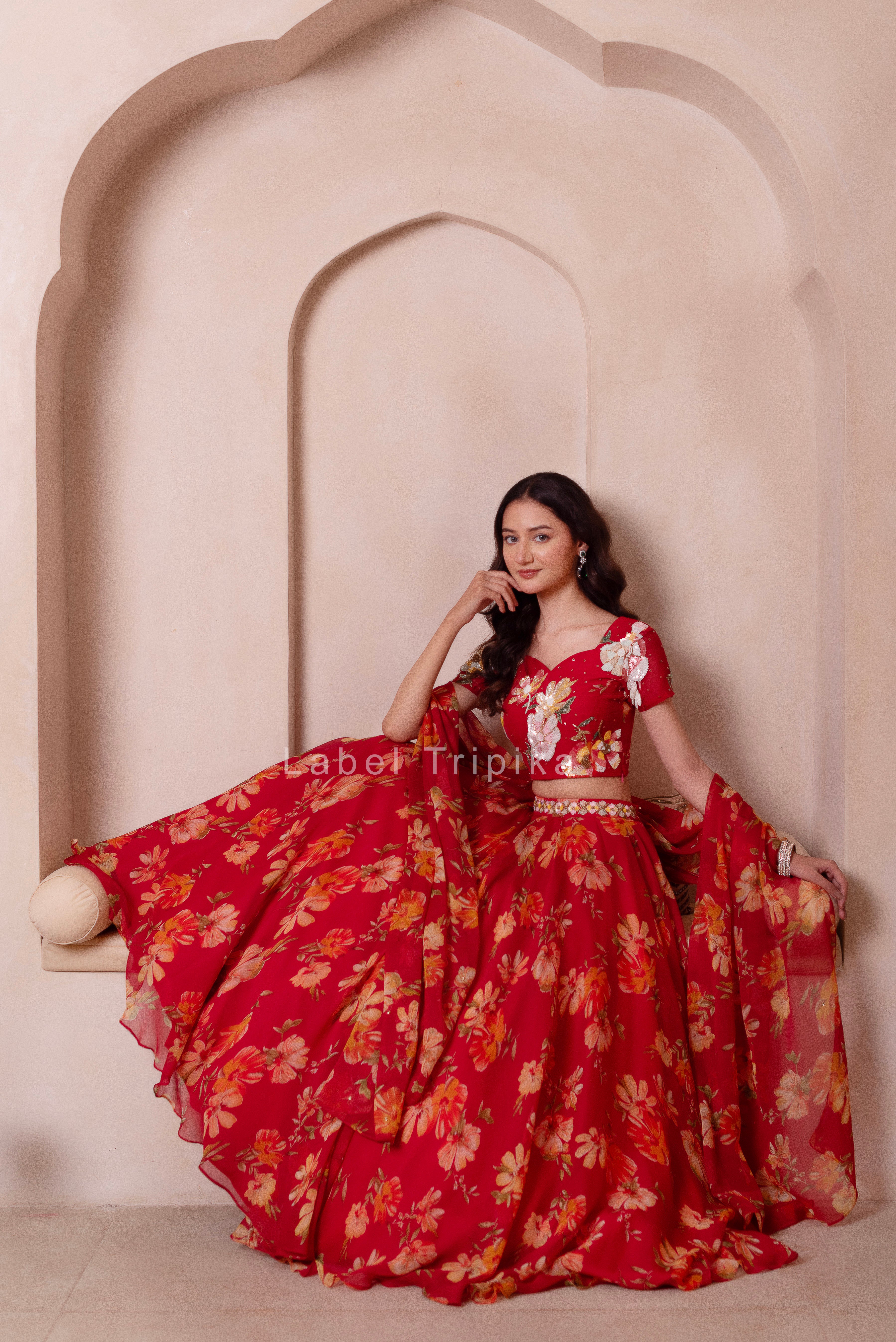 Red Floral Chiffon Handwork Lehenga  Set