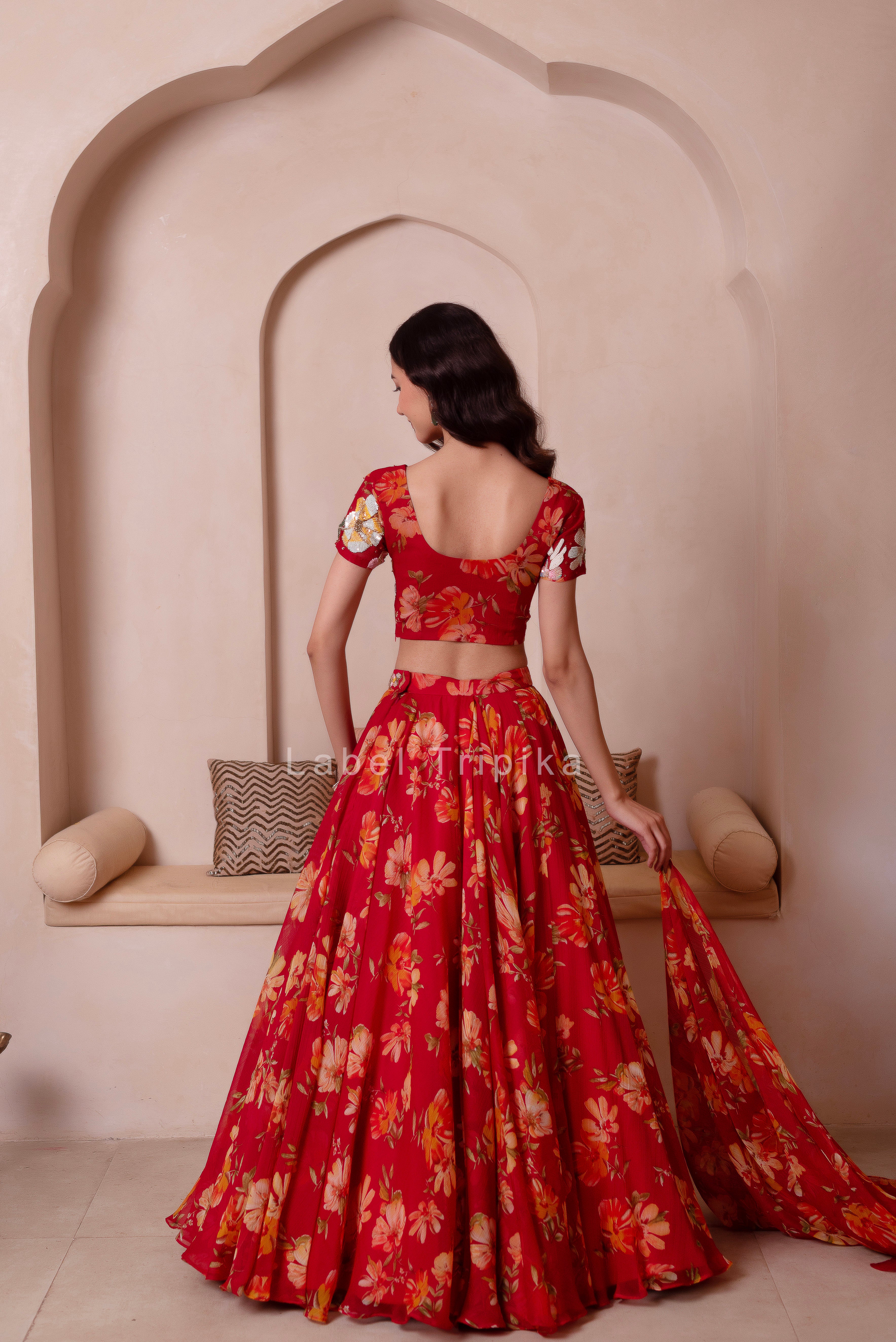 Red Floral Chiffon Handwork Lehenga  Set