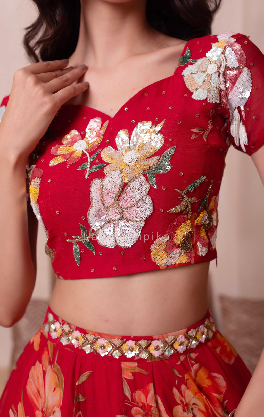 Red Floral Chiffon Handwork Lehenga Set - LabelTrpika | Premium Womens Wear