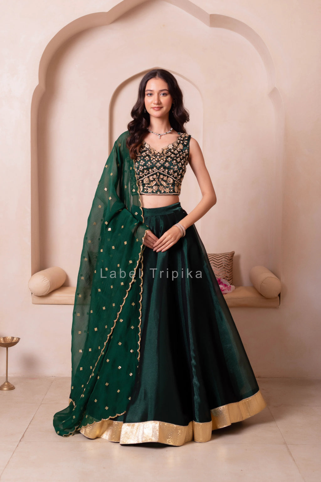Bottle Green Burberry Organza Handwork Lehenga Set - LabelTrpika | Premium Womens Wear