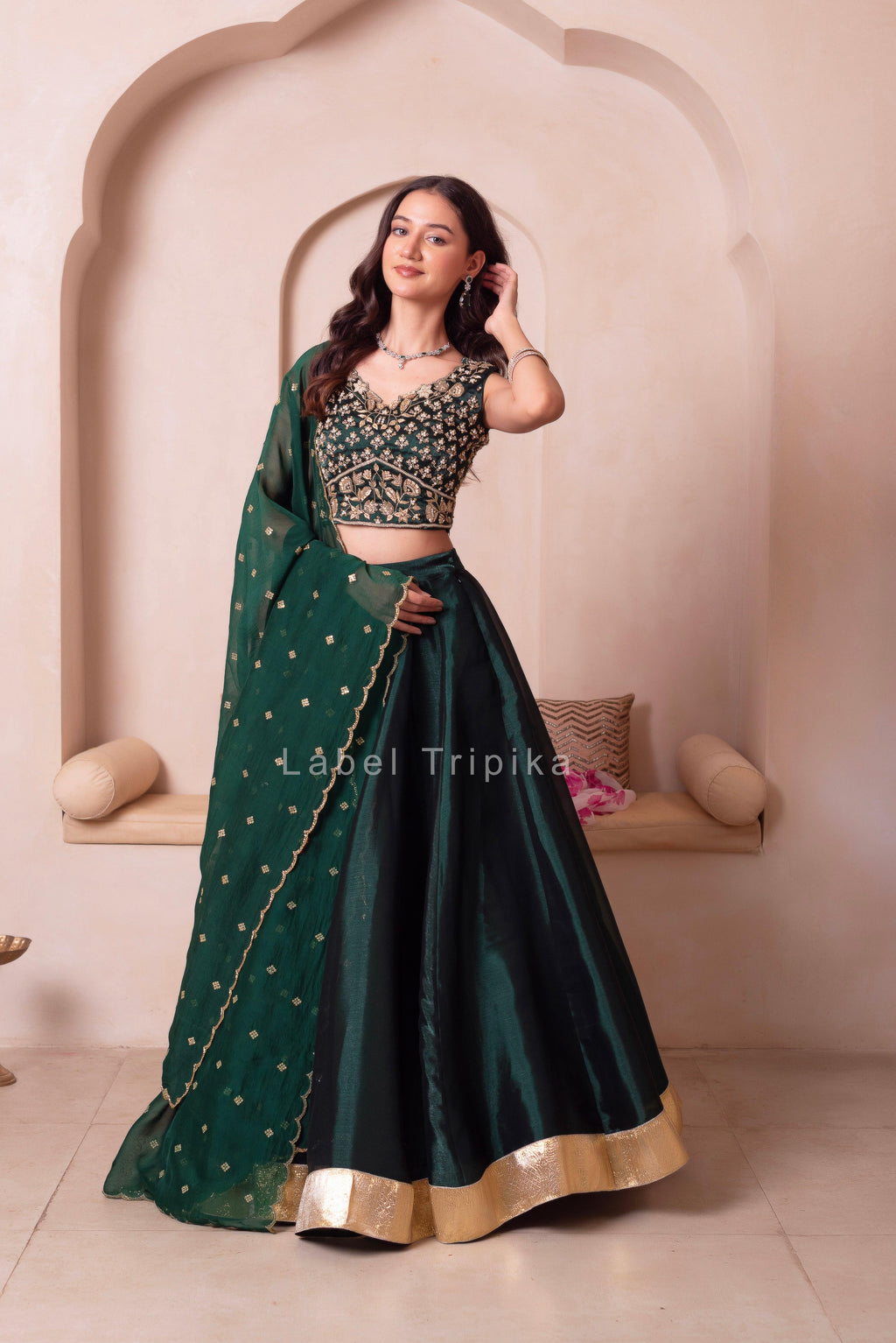 Bottle Green Burberry Organza Handwork Lehenga Set - LabelTrpika | Premium Womens Wear