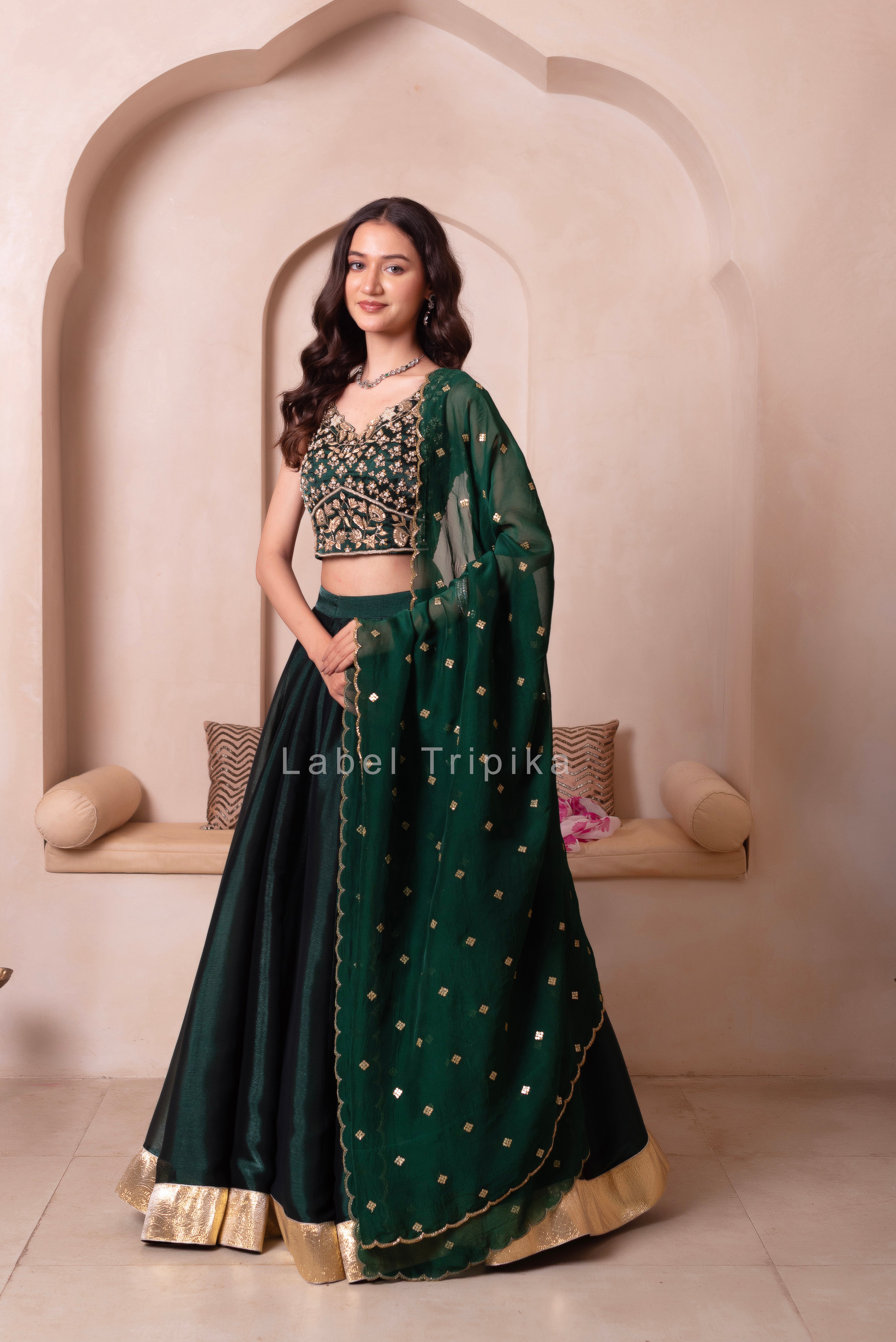 Bottle Green Burberry Organza Handwork Lehenga Set