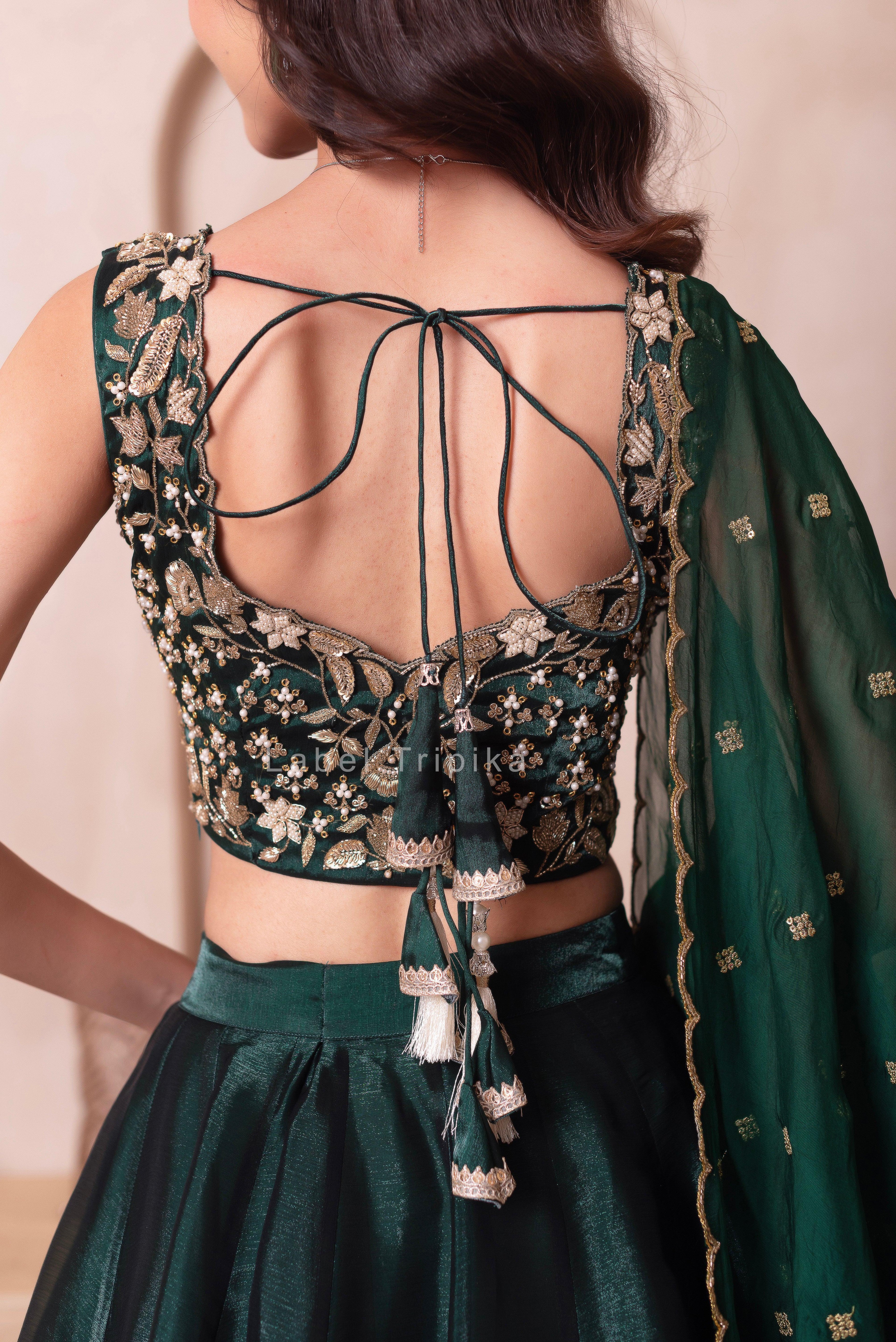 Bottle Green Burberry Organza Handwork Lehenga Set - LabelTrpika | Premium Womens Wear