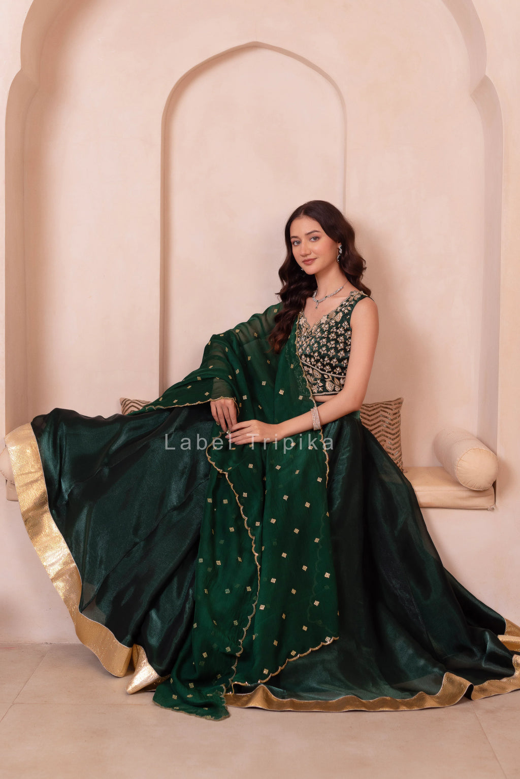 Bottle Green Burberry Organza Handwork Lehenga Set - LabelTrpika | Premium Womens Wear
