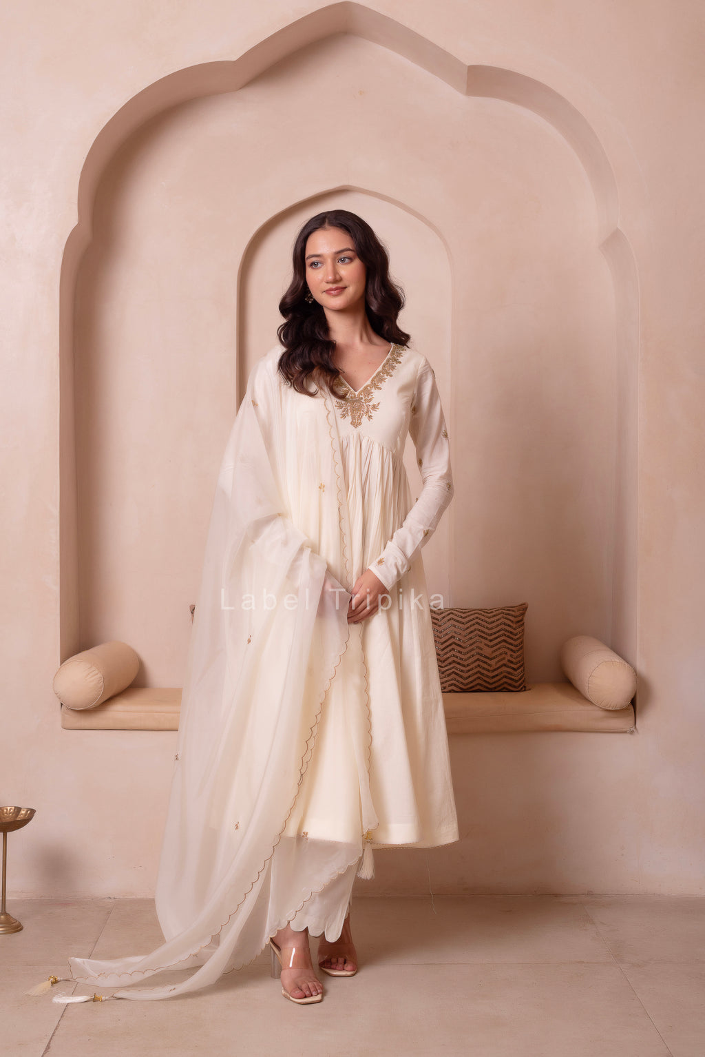 Cream White Handwork Cotton Anarkali Suit Set