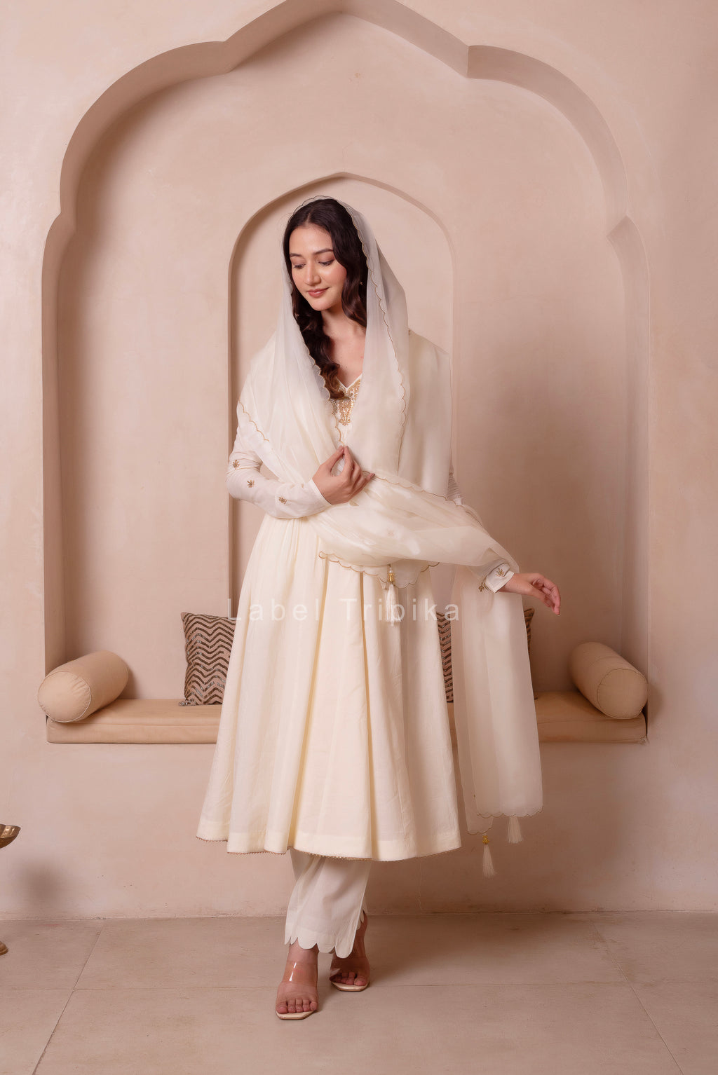 Cream White Handwork Cotton Anarkali Suit Set