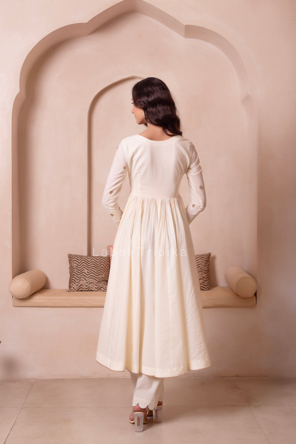 Cream White Handwork Cotton Anarkali Suit Set