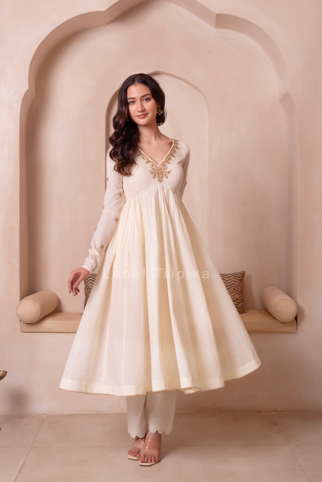 Cream White Handwork Cotton Anarkali Suit Set