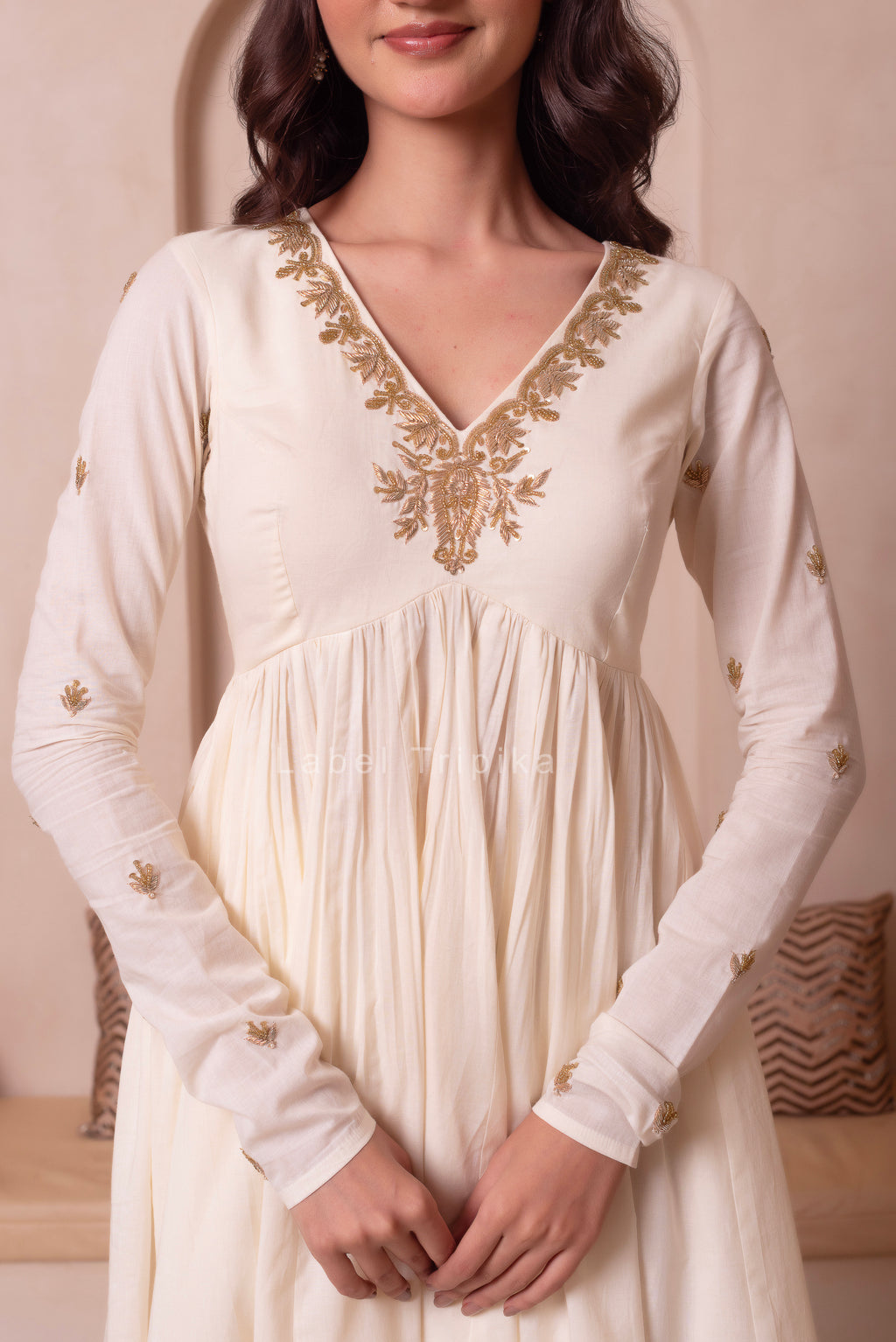Cream White Handwork Cotton Anarkali Suit Set