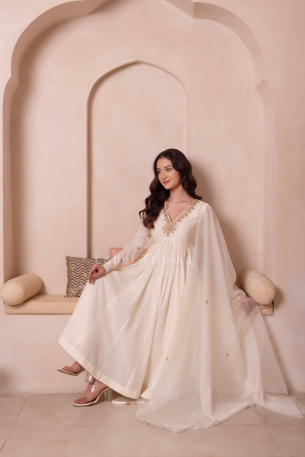 Cream White Handwork Cotton Anarkali Suit Set