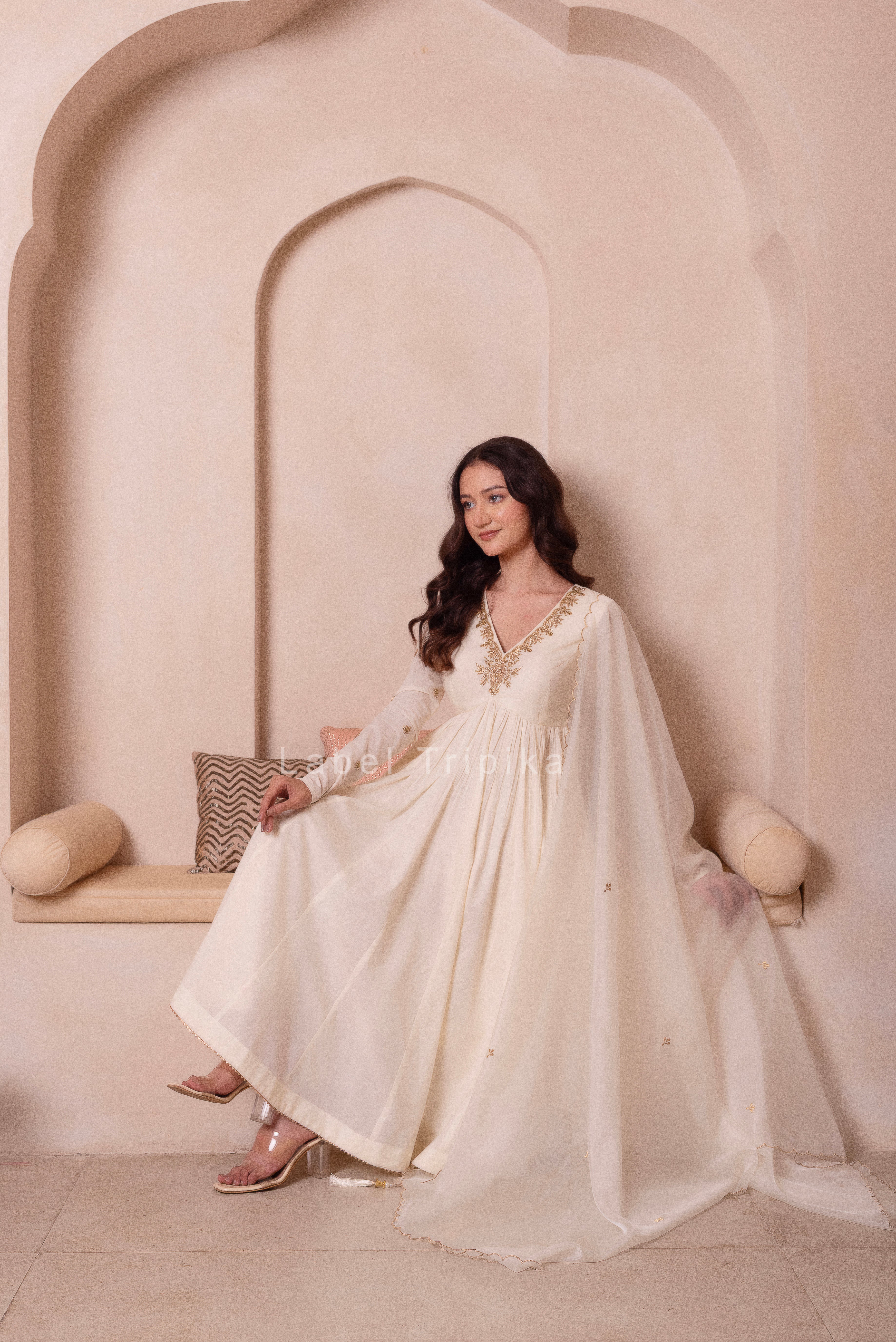 Cream White Handwork Cotton Anarkali Suit Set