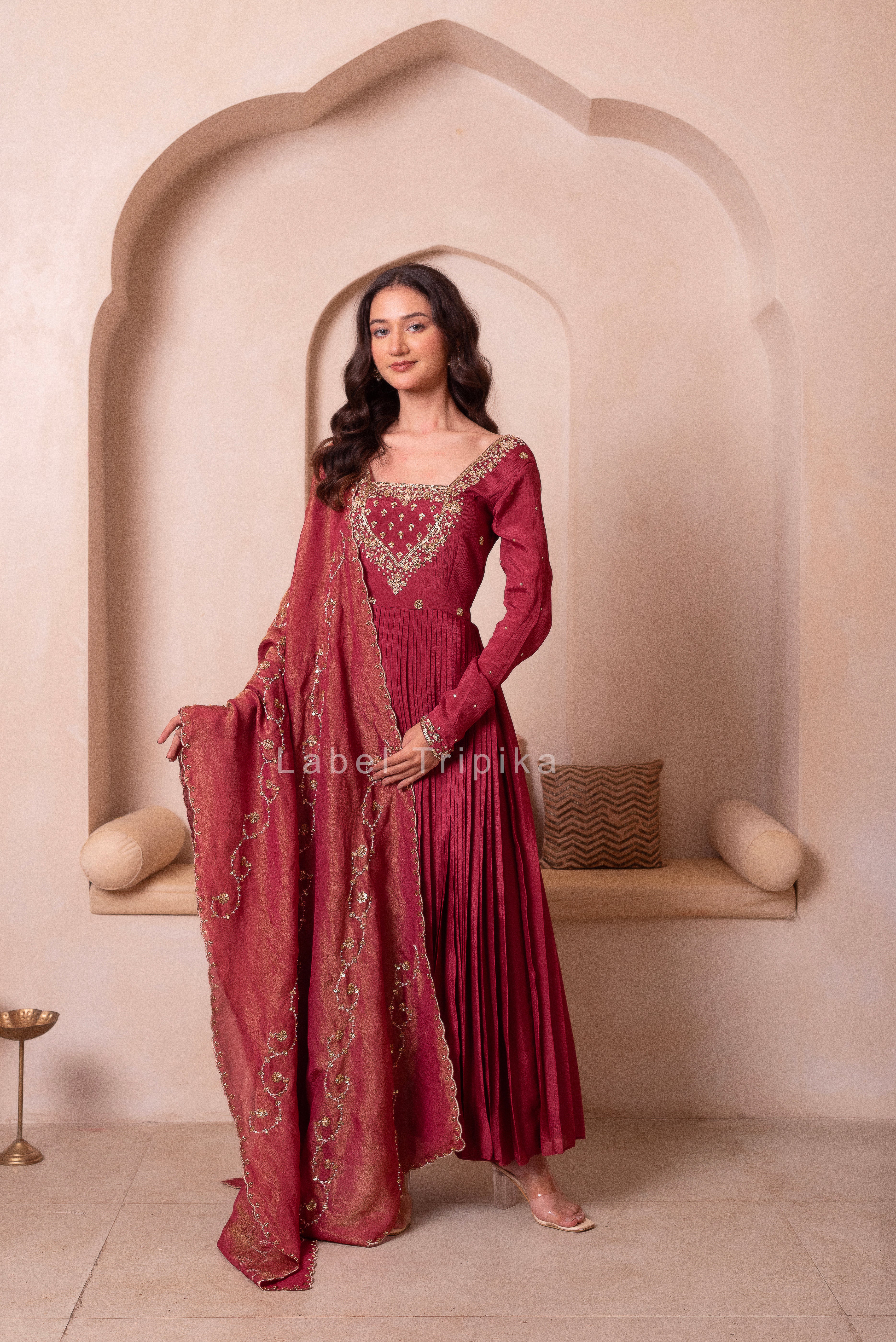 Rosegold Chinon Trousseau Handwork Anarkali Suit Set