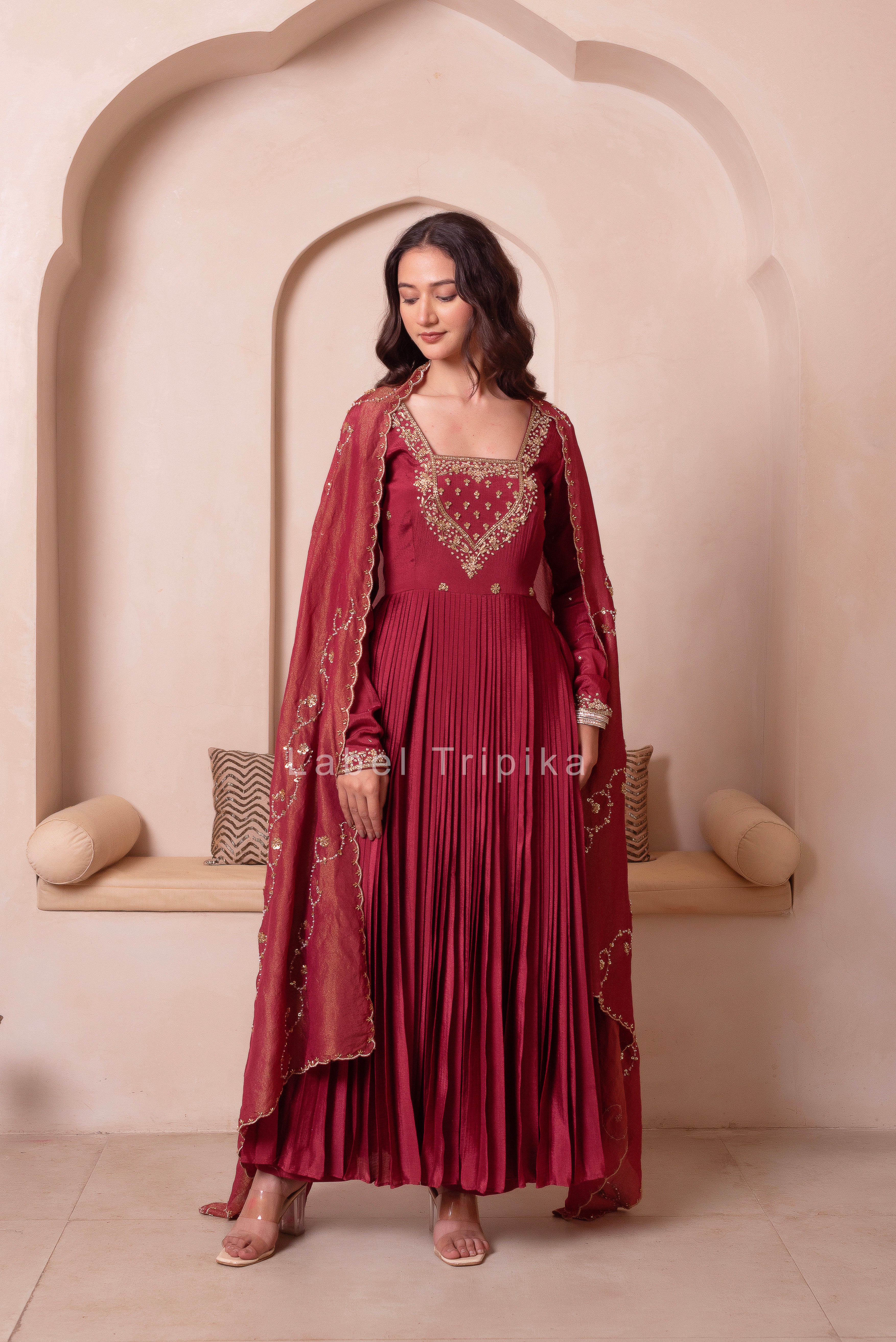 Rosegold Chinon Trousseau Handwork Anarkali Suit Set