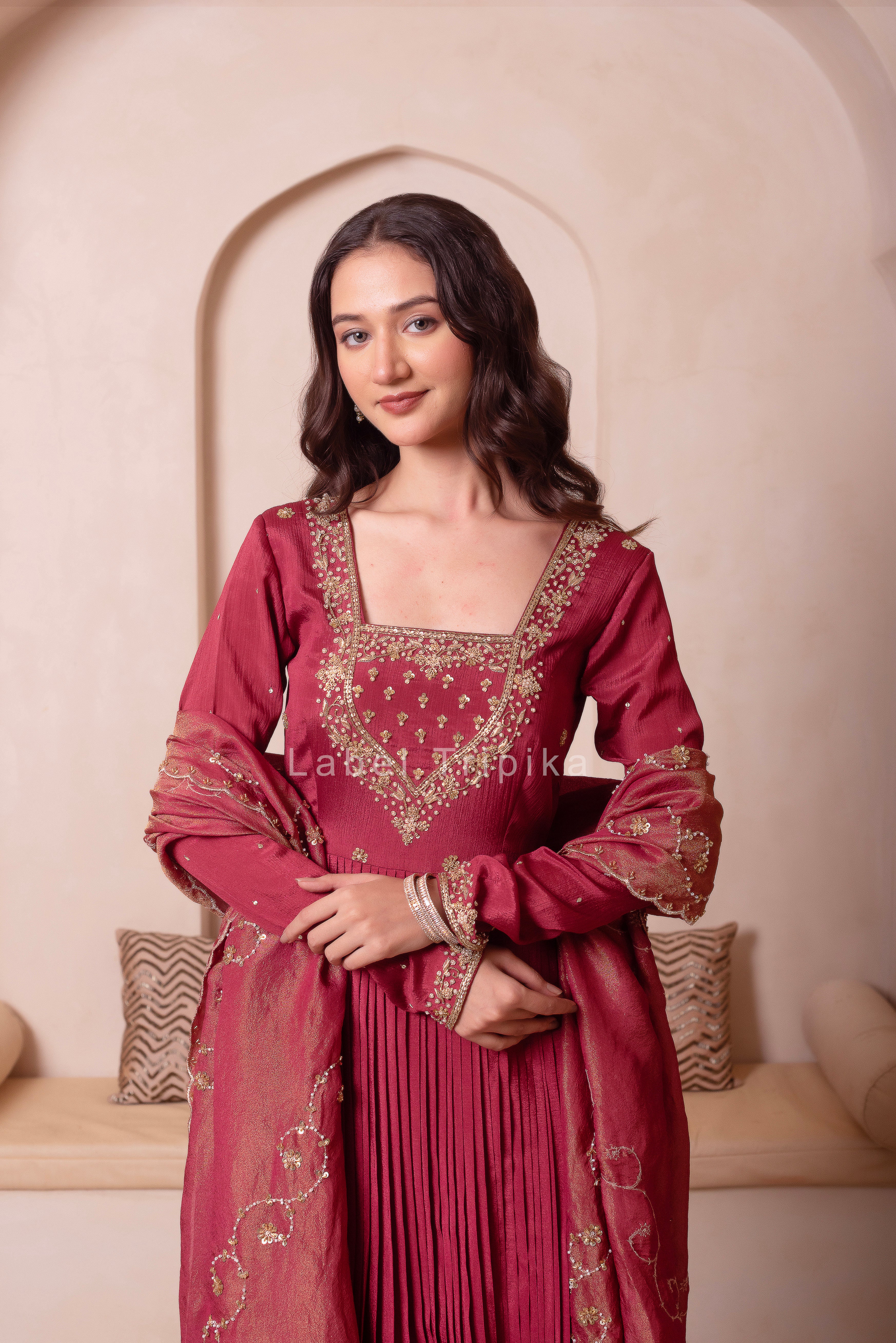 Rosegold Chinon Trousseau Handwork Anarkali Suit Set