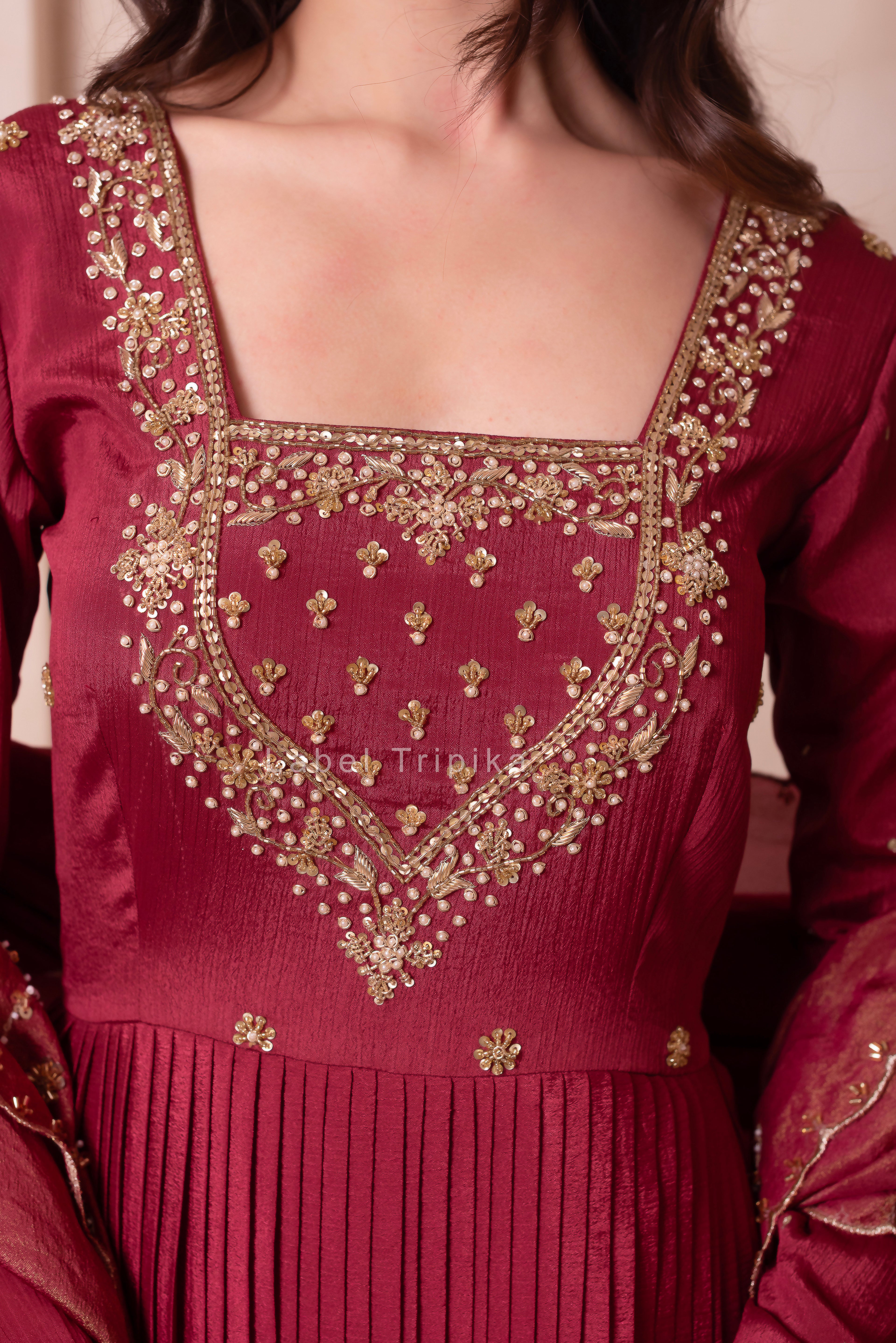 Rosegold Chinon Trousseau Handwork Anarkali Suit Set