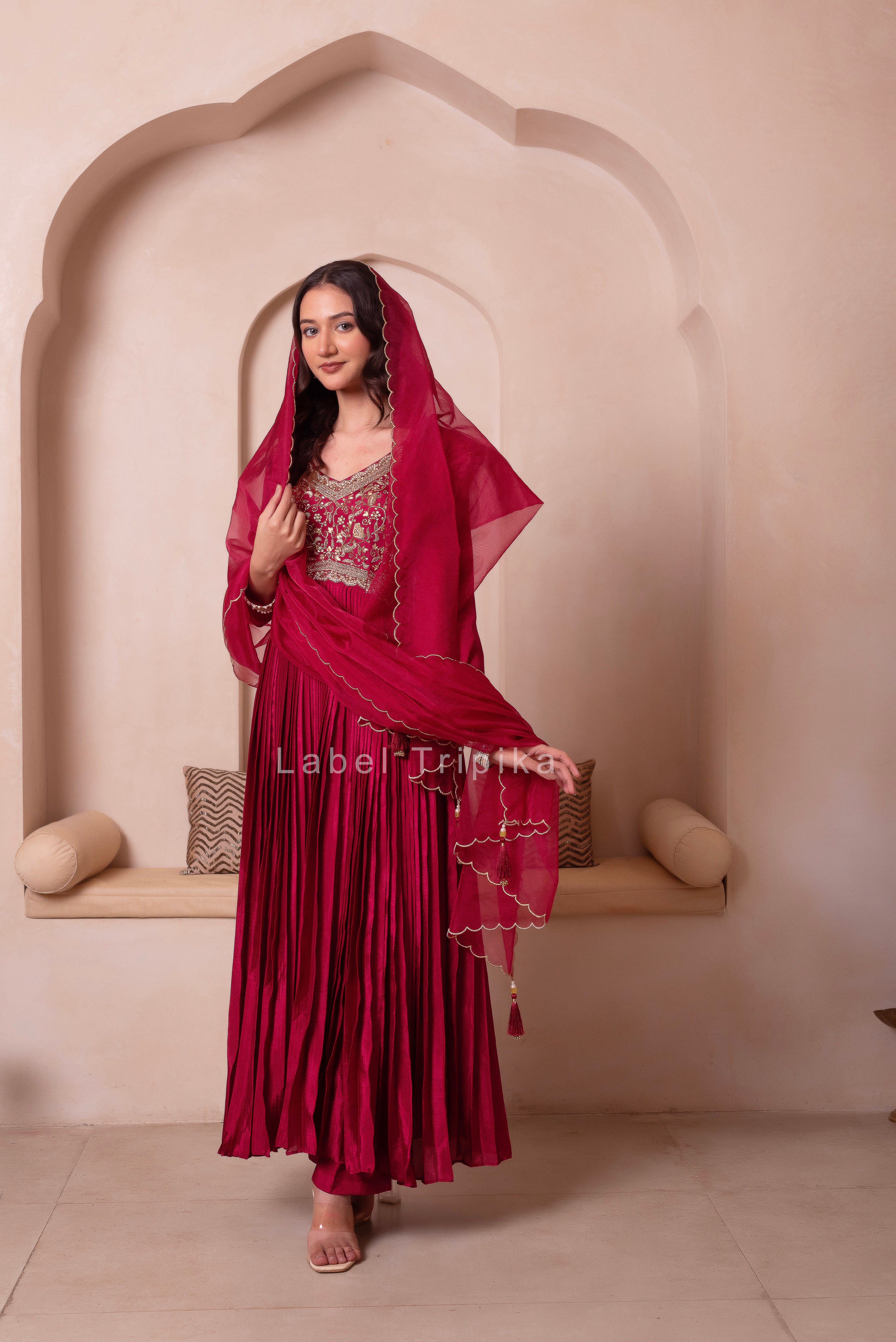 Maroon Chinon Trousseau Handwork Anarkali Suit Set