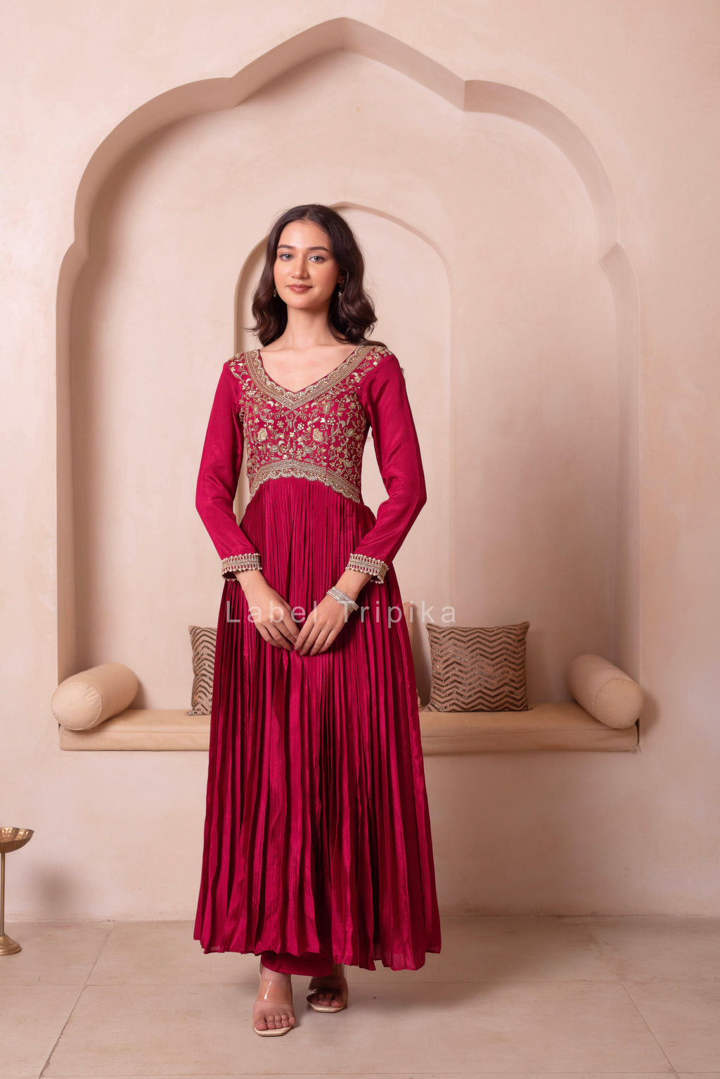Maroon Chinon Trousseau Handwork Anarkali Suit Set - LabelTrpika | Premium Womens Wear