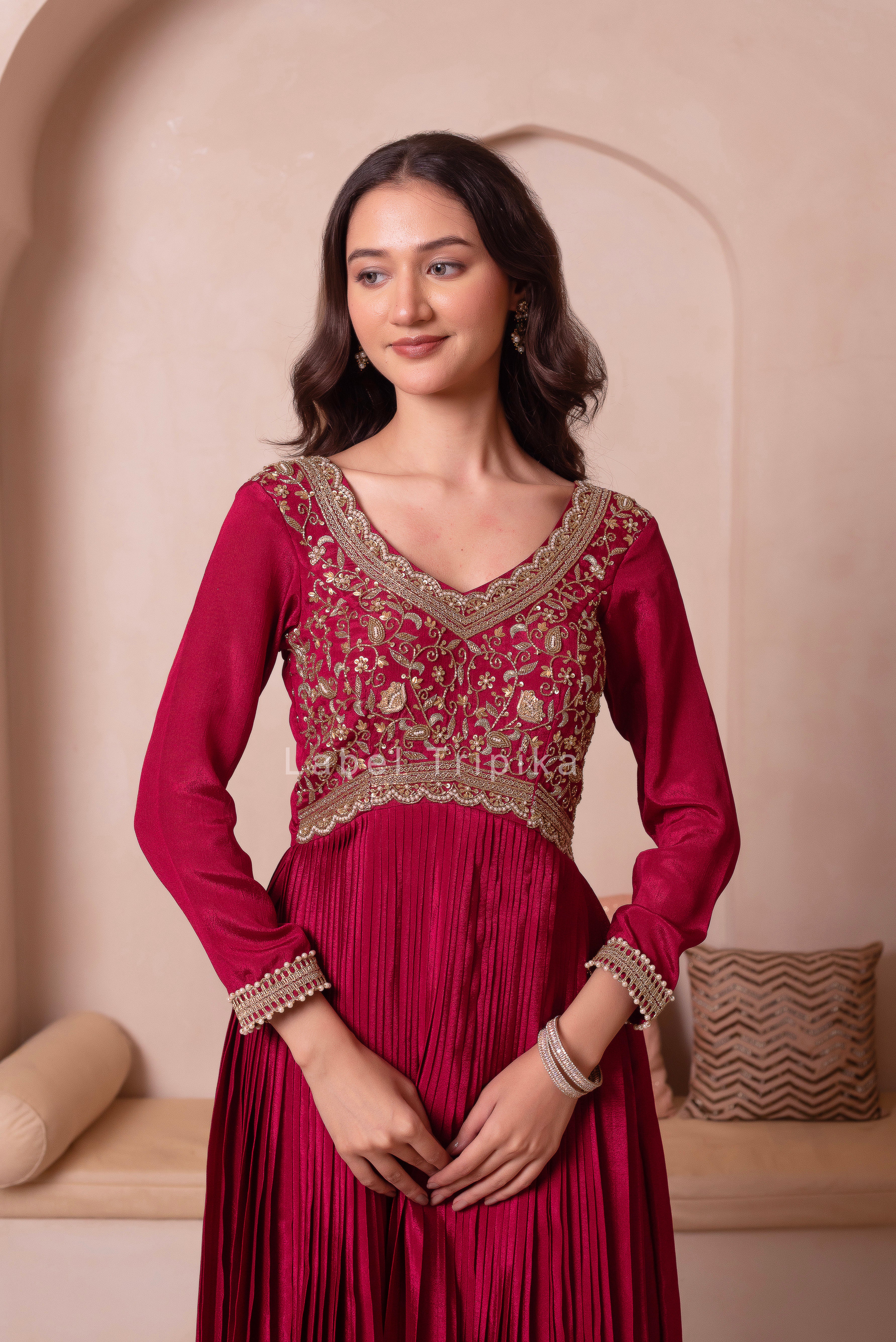 Maroon Chinon Trousseau Handwork Anarkali Suit Set