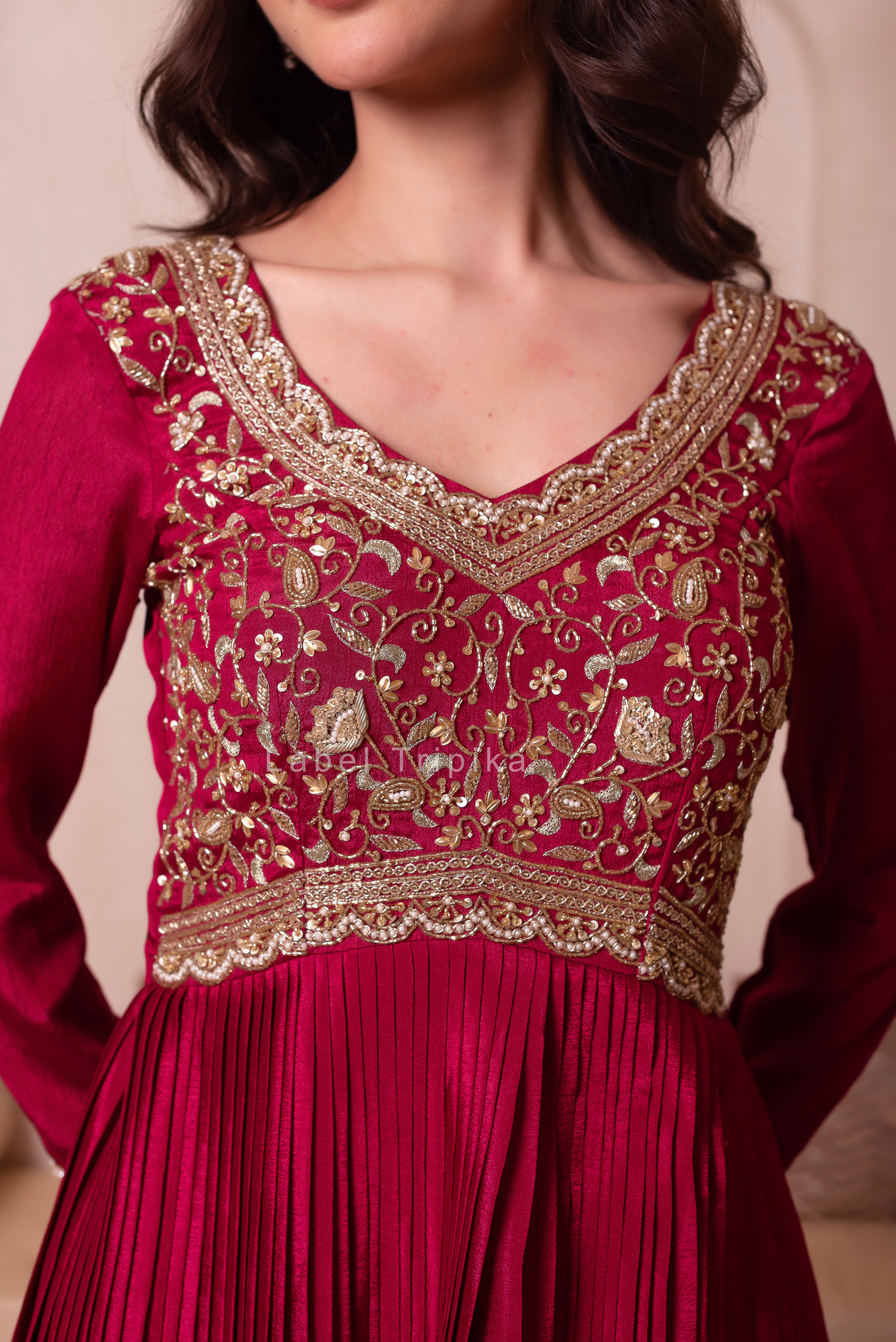 Maroon Chinon Trousseau Handwork Anarkali Suit Set