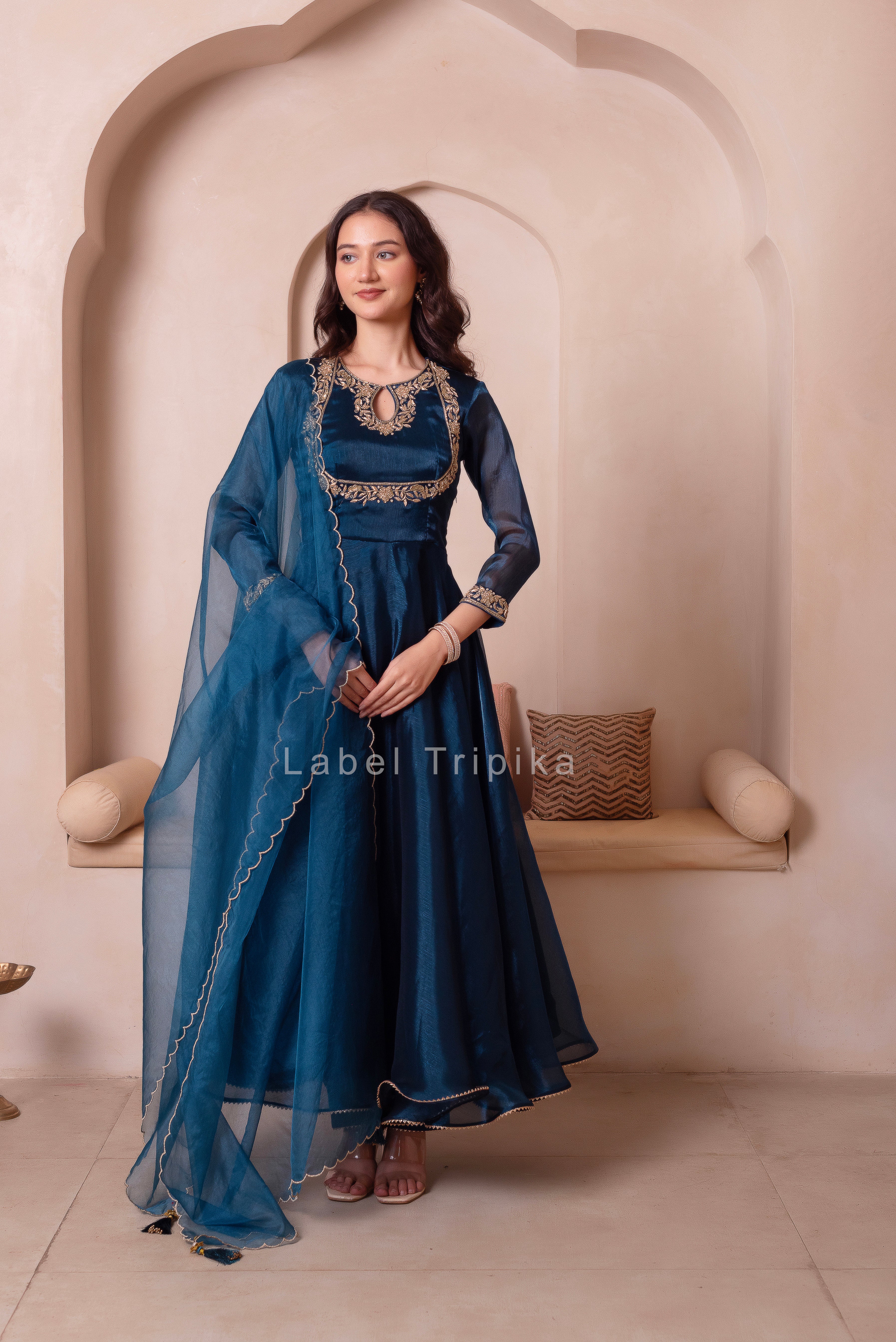 Teal Blue Organza Handwork Anarkali Suit Set