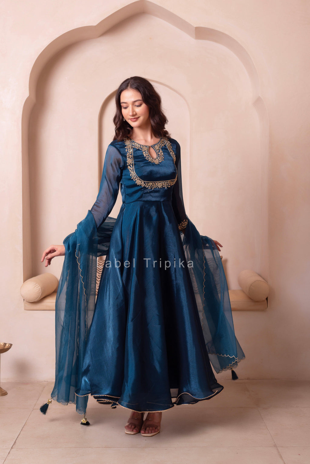 Teal Blue Organza Handwork Anarkali Suit Set - LabelTrpika | Premium Womens Wear