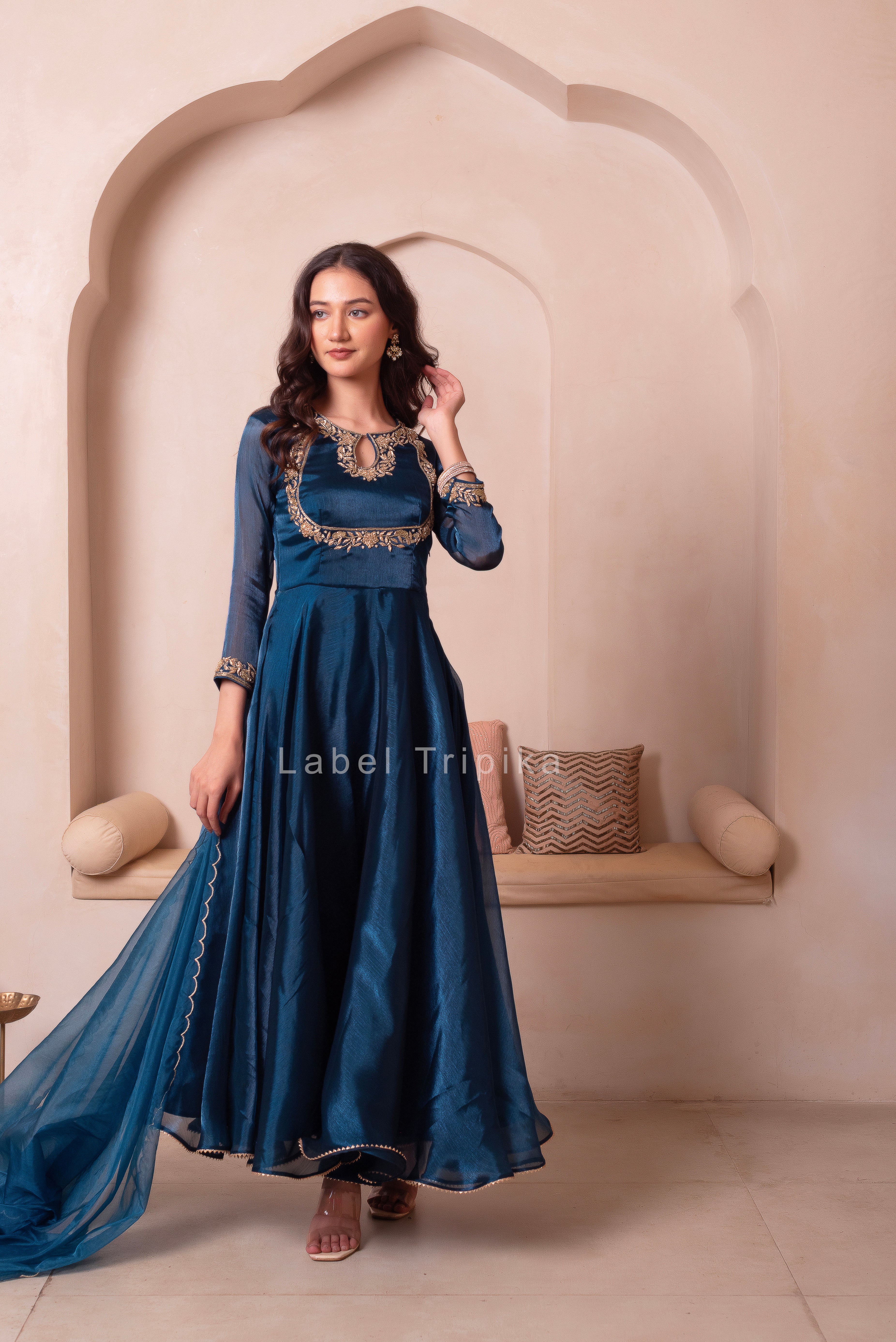Teal Blue Organza Handwork Anarkali Suit Set