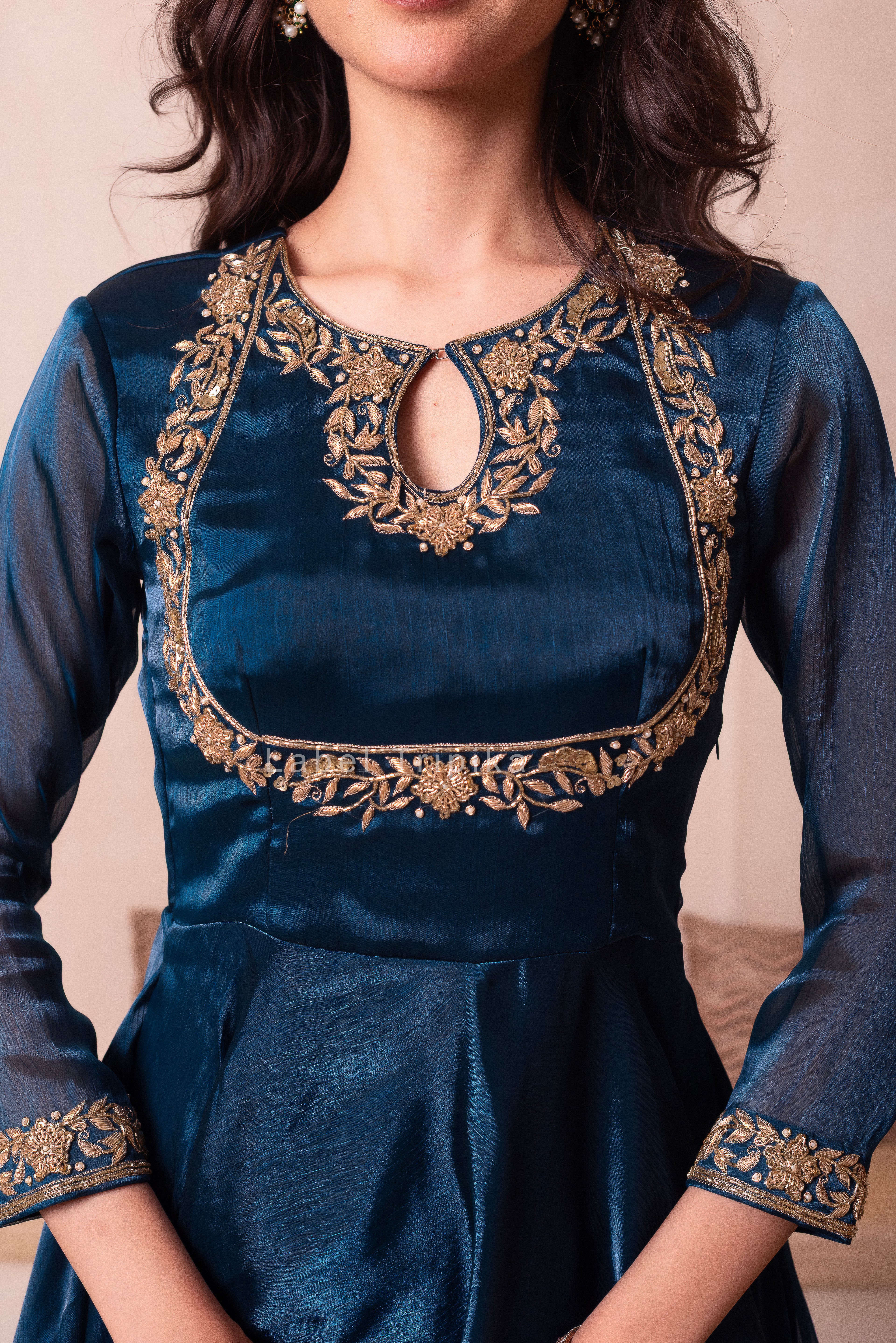 Teal Blue Organza Handwork Anarkali Suit Set