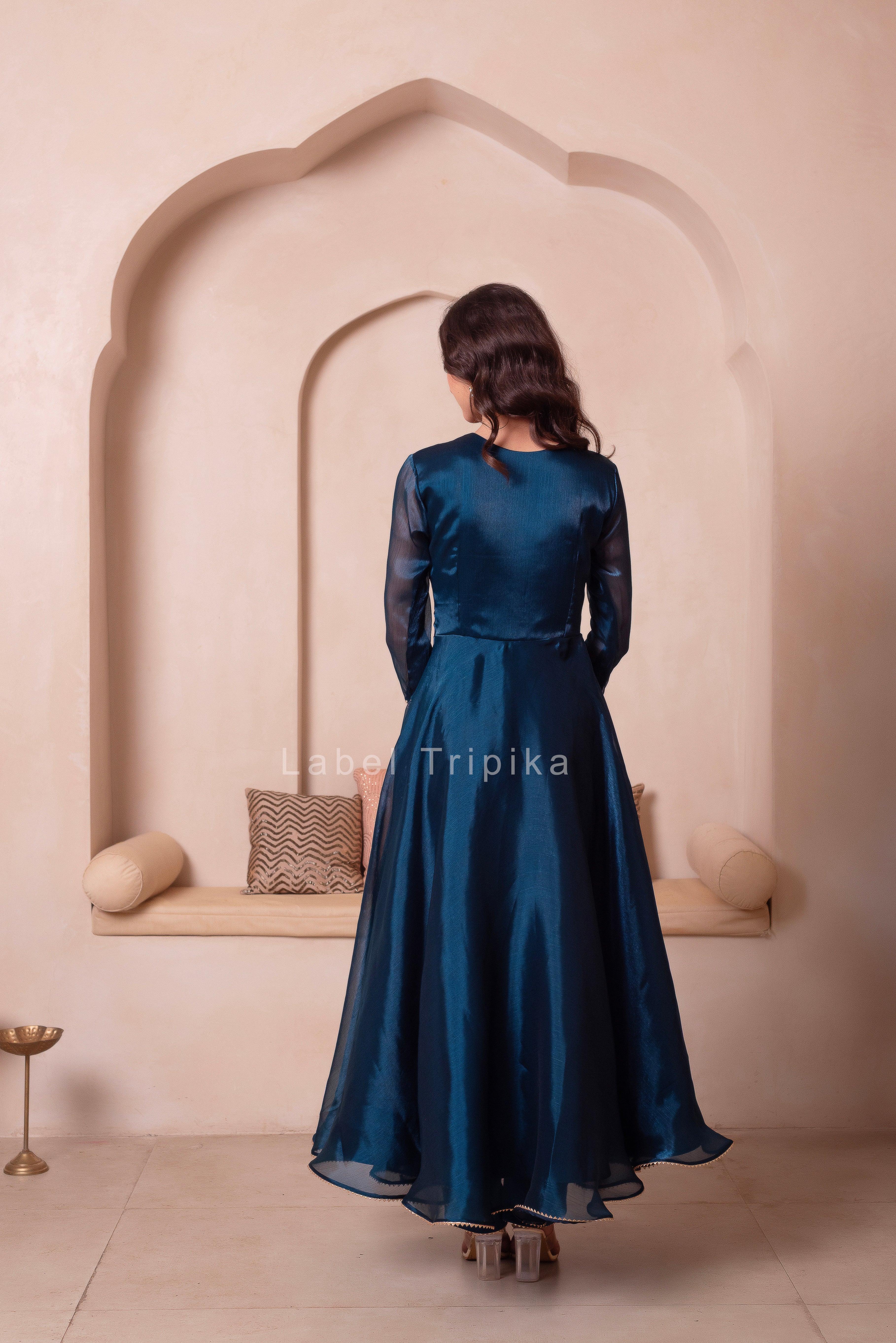Teal Blue Organza Handwork Anarkali Suit Set - LabelTrpika | Premium Womens Wear