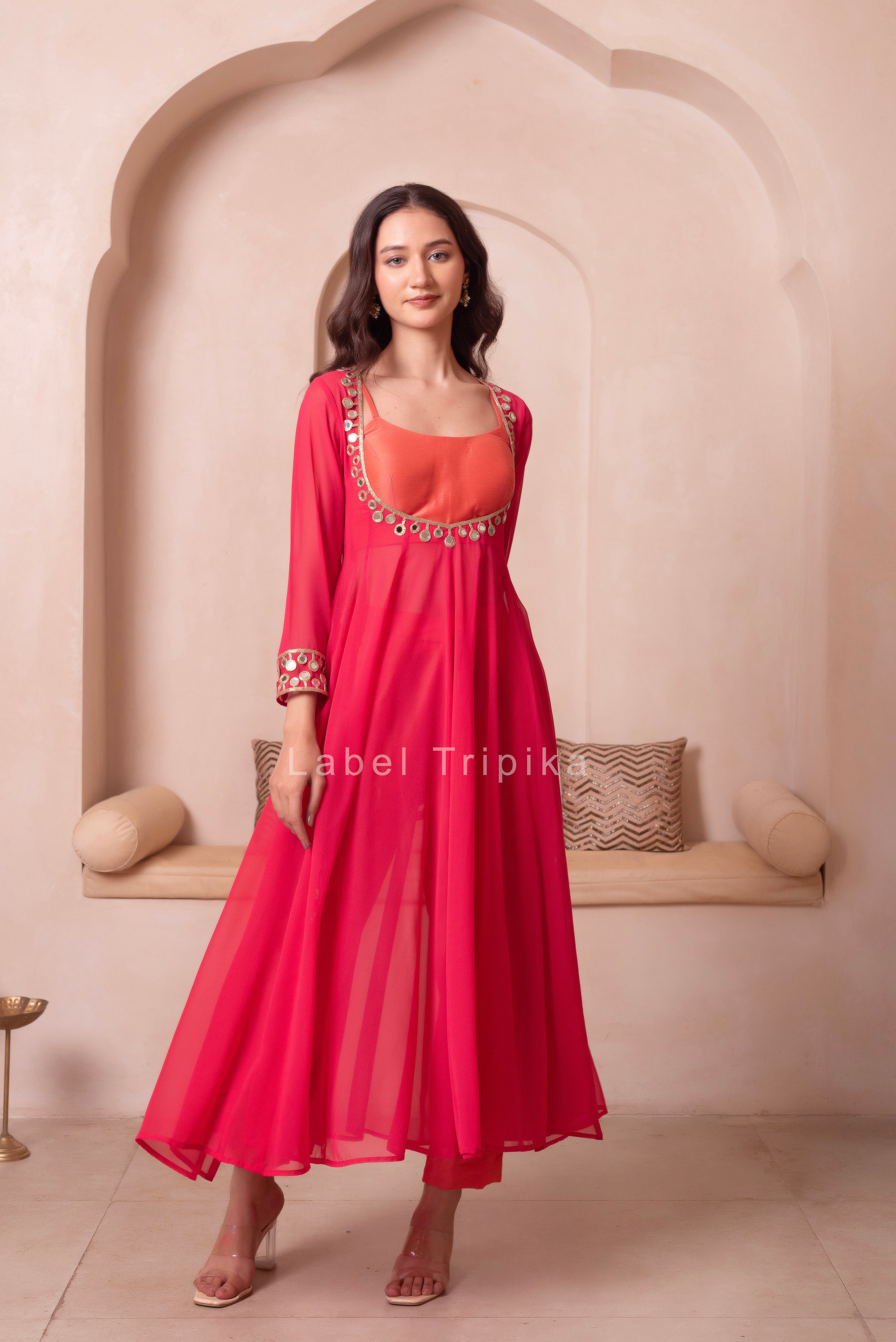 Keasri Mirror Work Kurta Set With Blouse & Pant