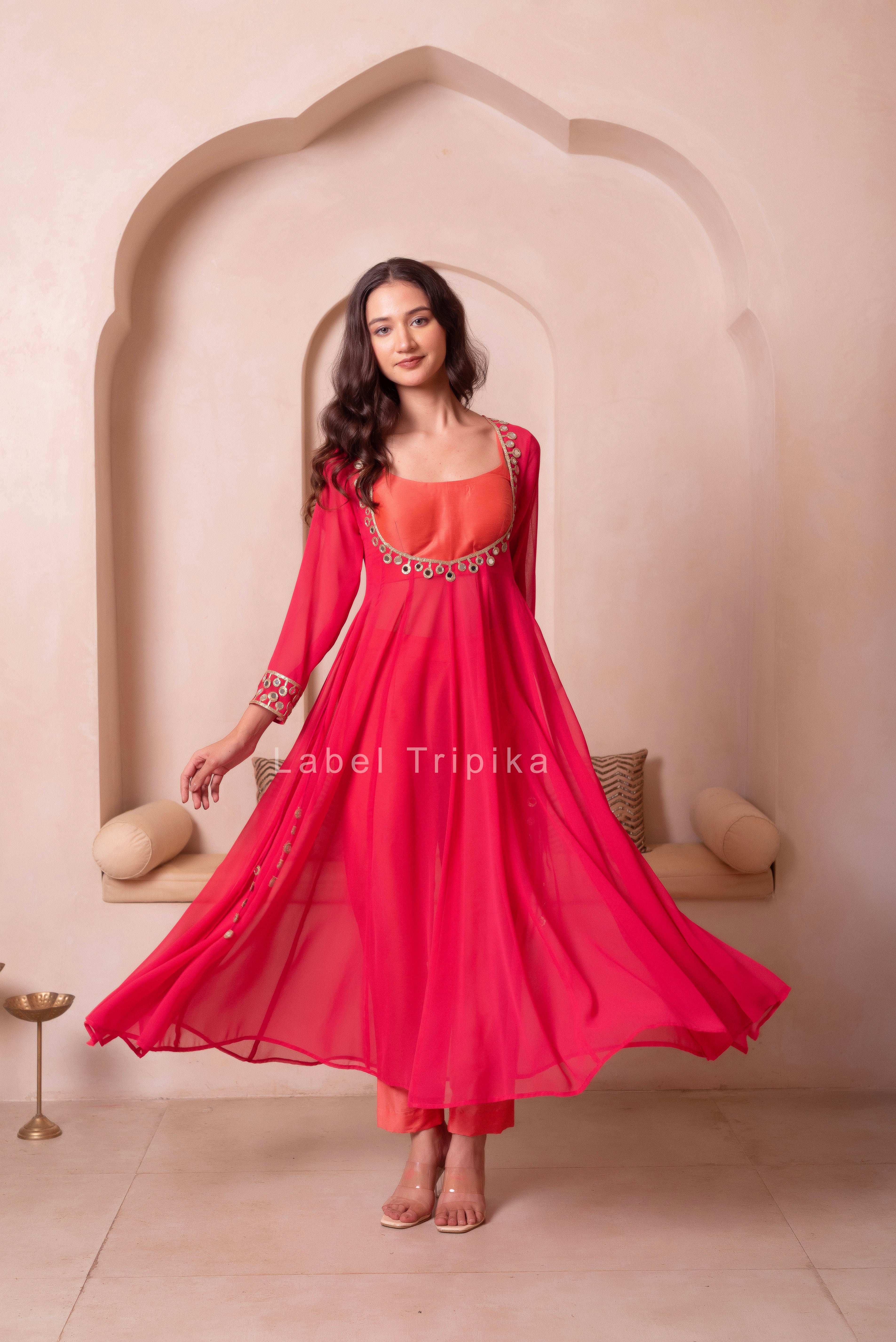 Keasri Mirror Work Kurta Set With Blouse & Pant