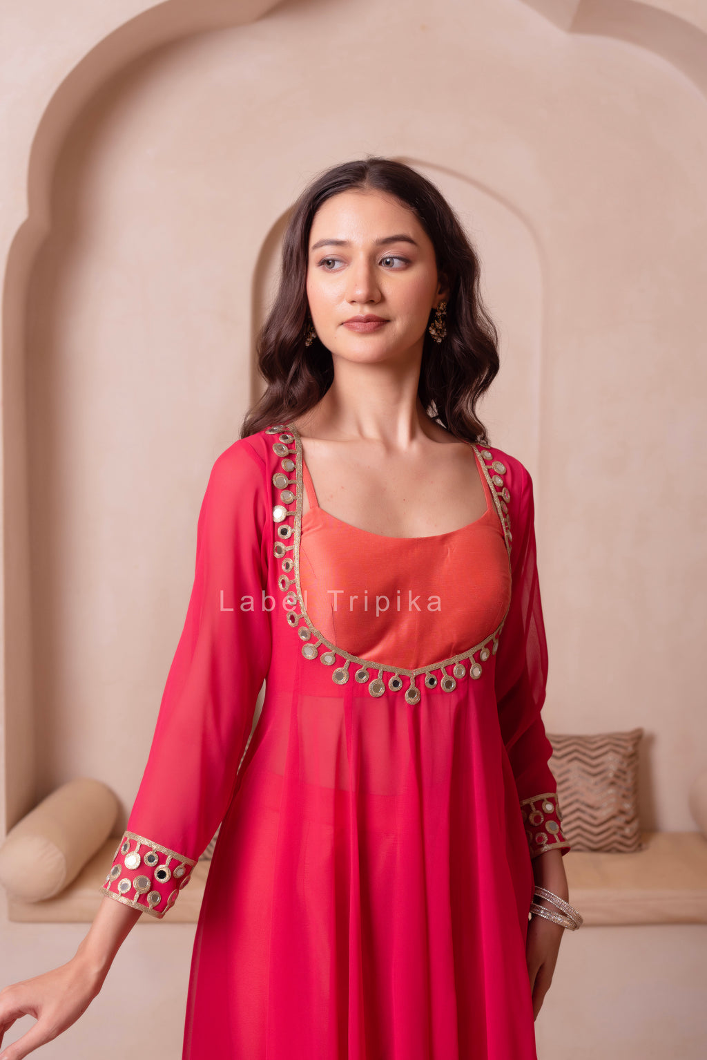 Keasri Mirror Work Kurta Set With Blouse & Pant