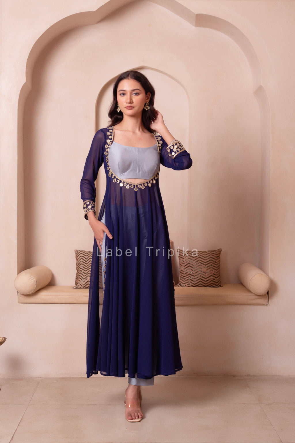 Navy Blue Mirror Work Kurta Set With Blouse & Pant - LabelTrpika | Premium Womens Wear