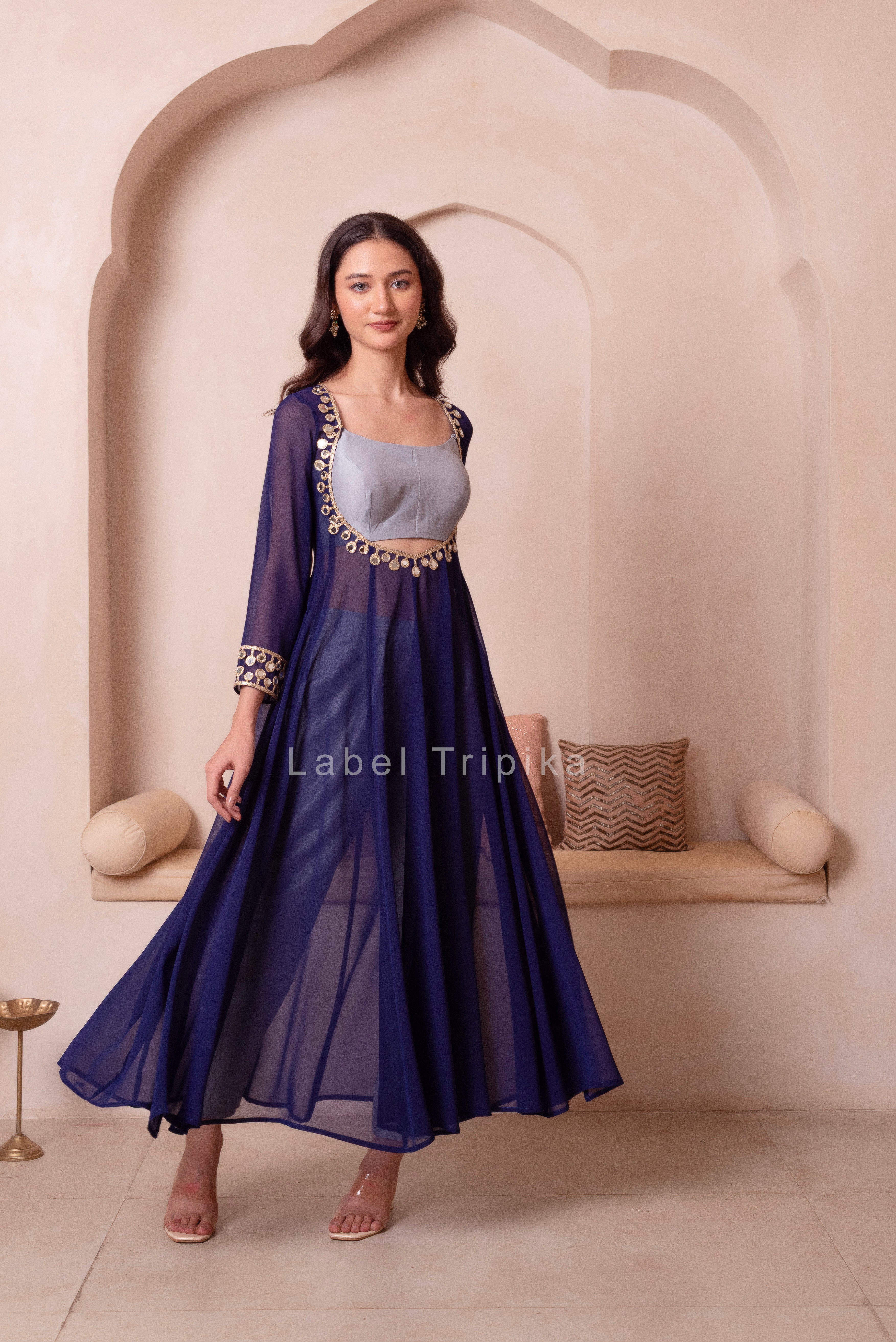 Navy Blue Mirror Work Kurta Set With Blouse & Pant