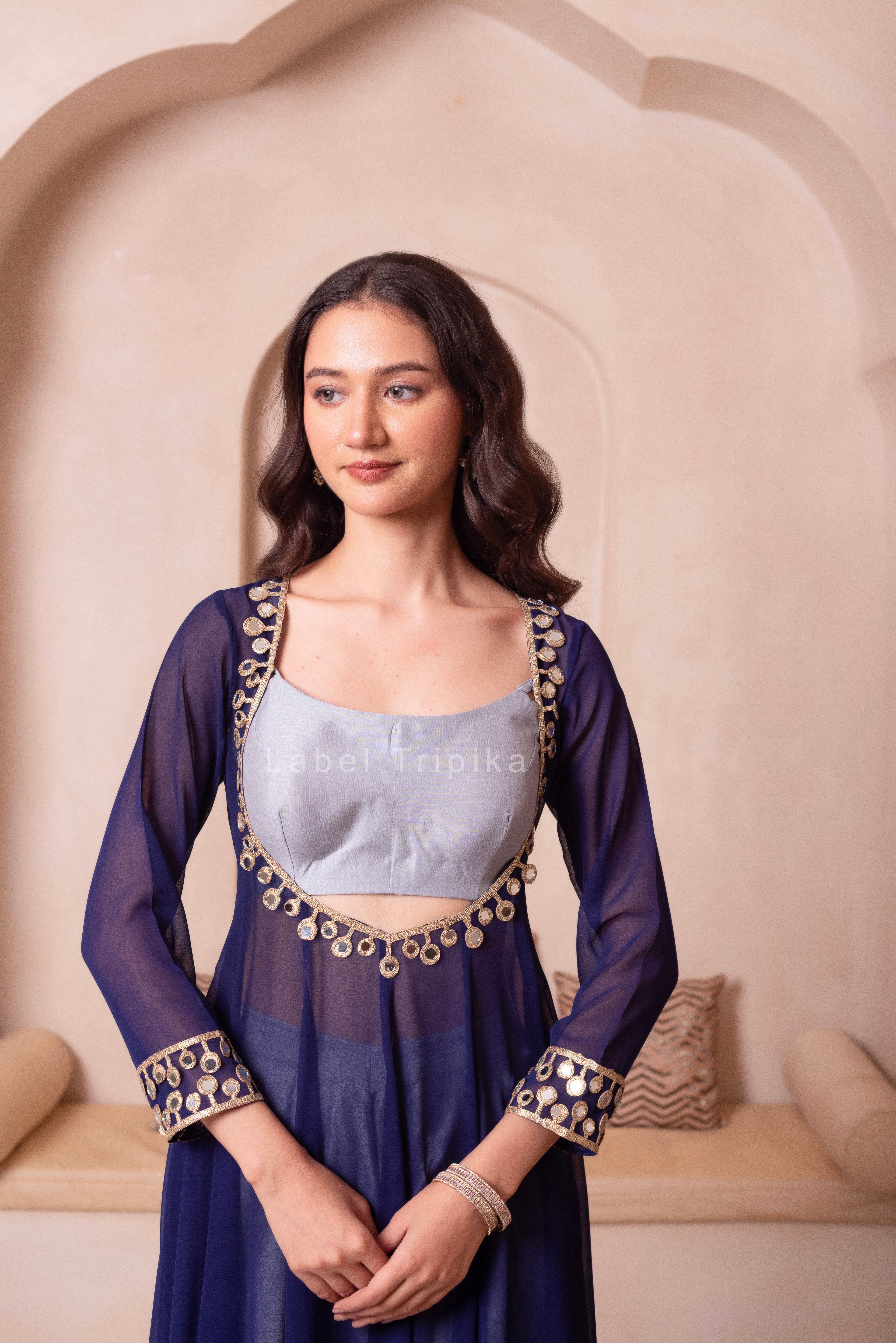 Navy Blue Mirror Work Kurta Set With Blouse & Pant