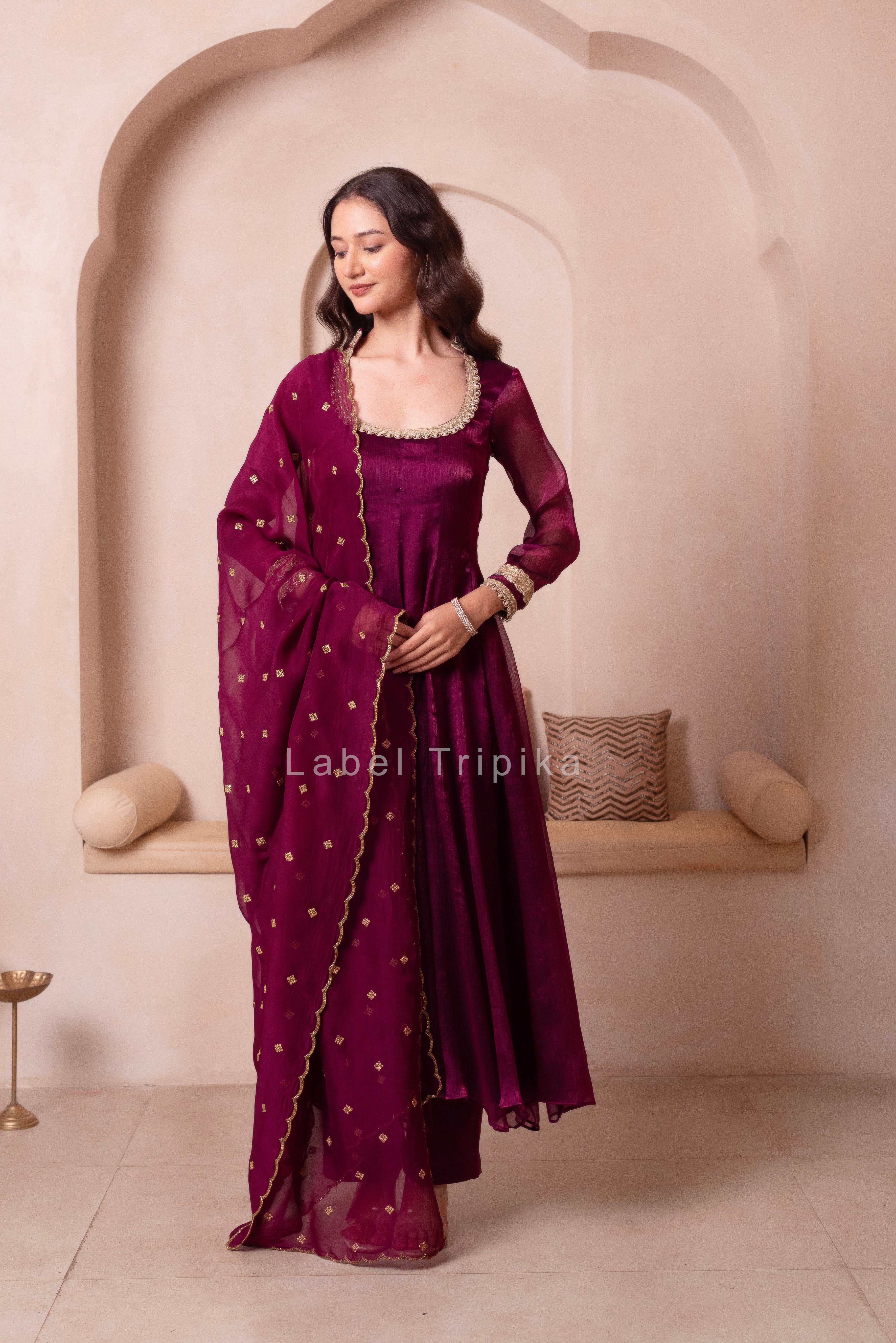 Purple Organza Handwork Anarkali Suit Set