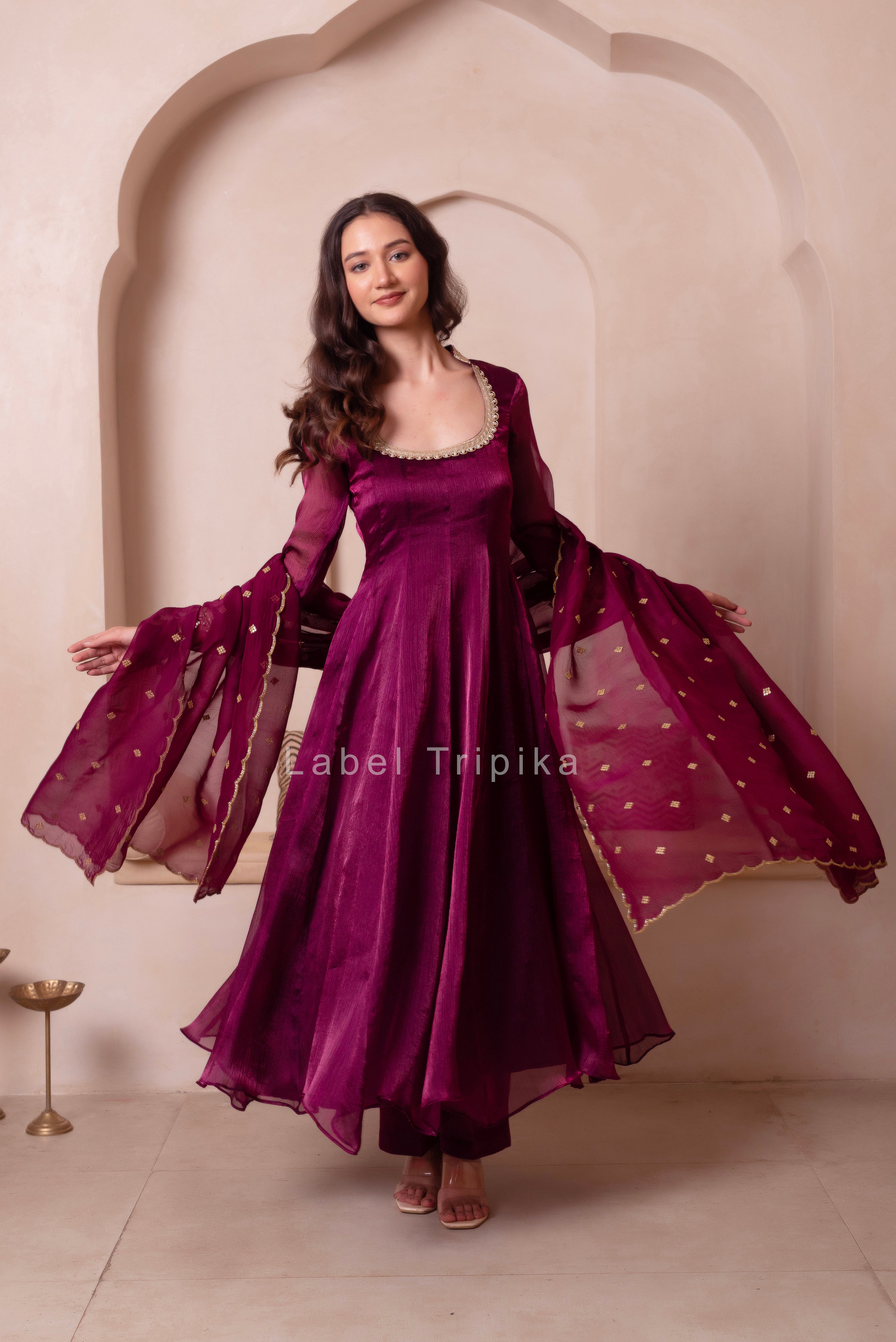 Purple Organza Handwork Anarkali Suit Set