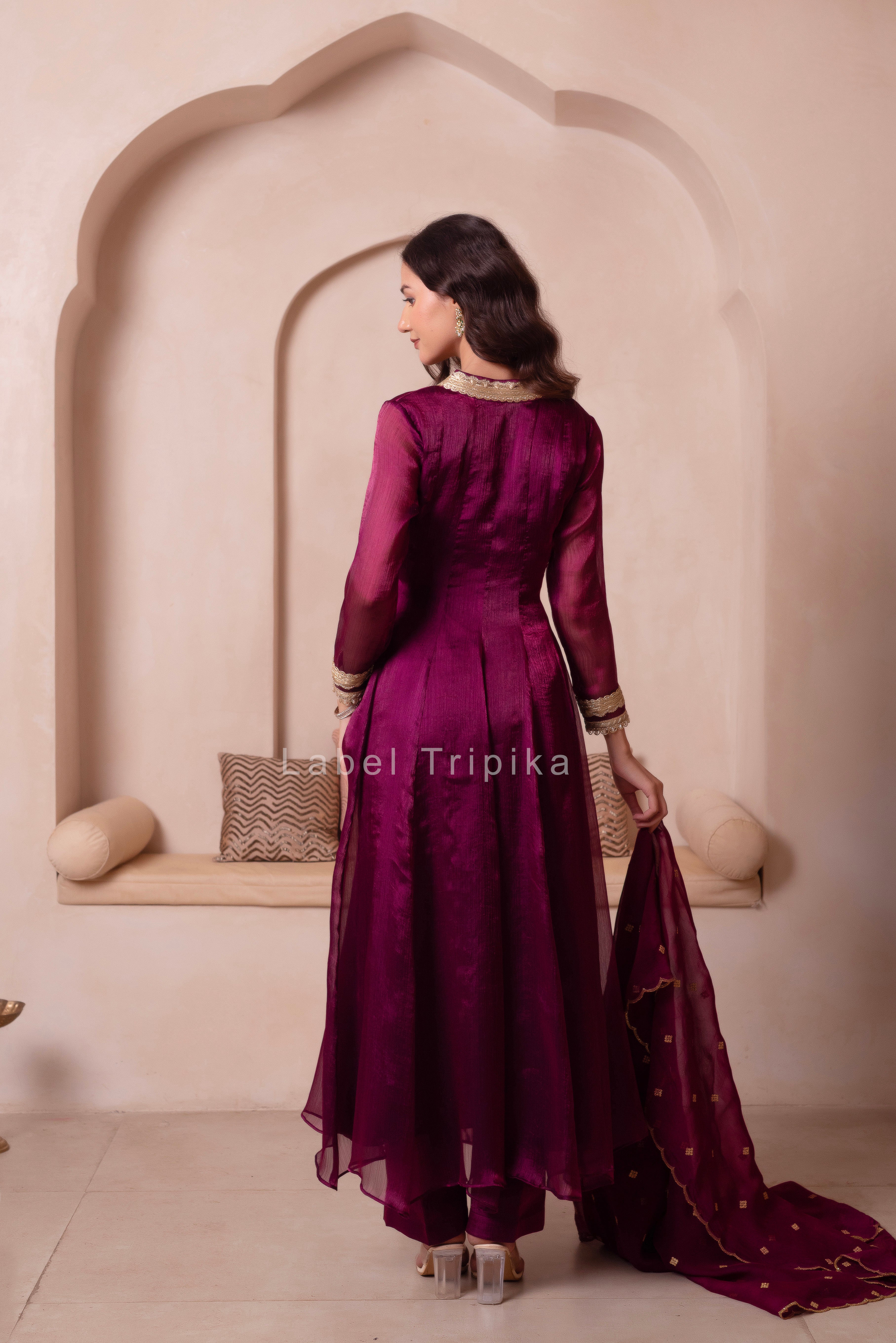 Purple Organza Handwork Anarkali Suit Set