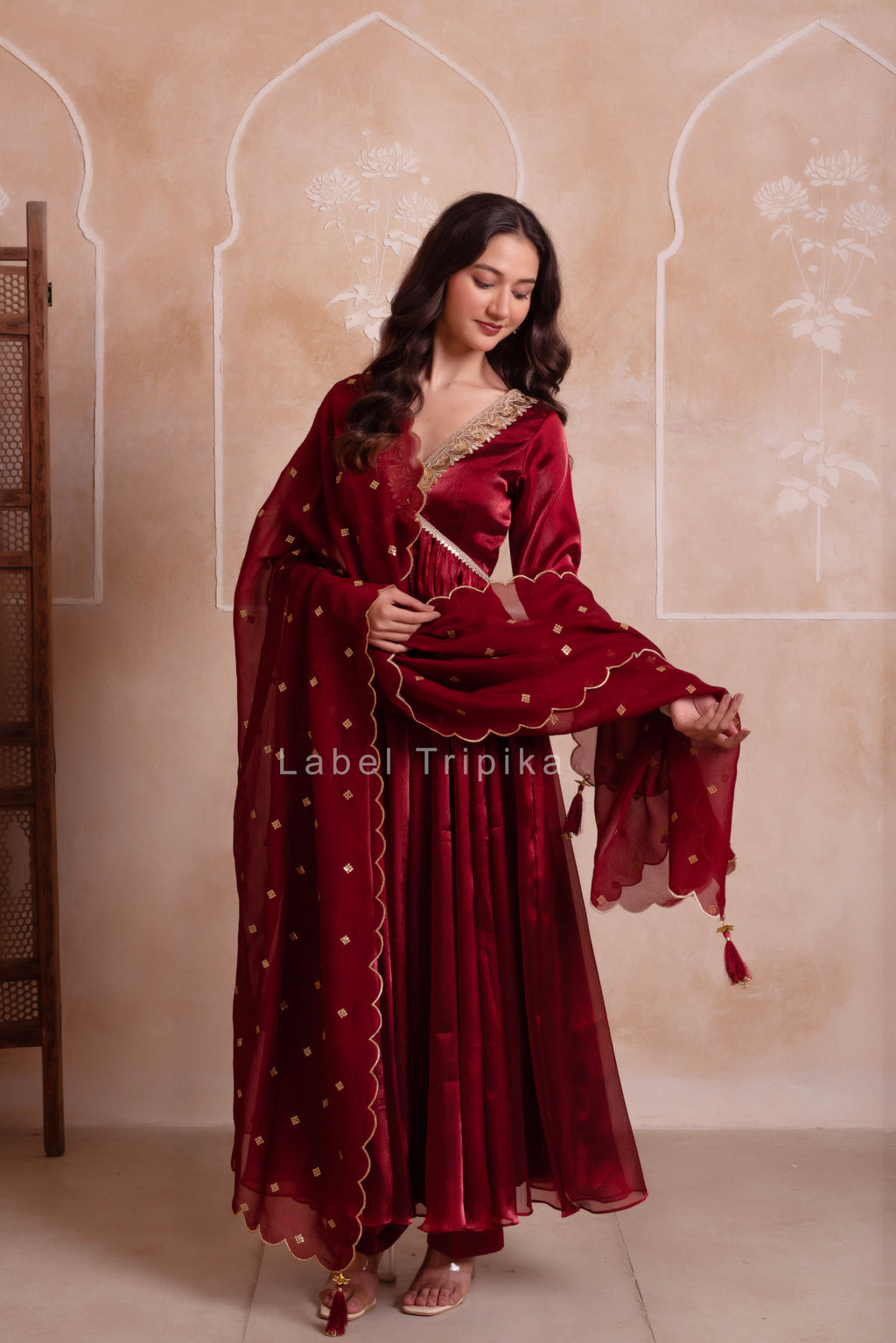 Maroon Organza Handwork Anarkali Suit Set