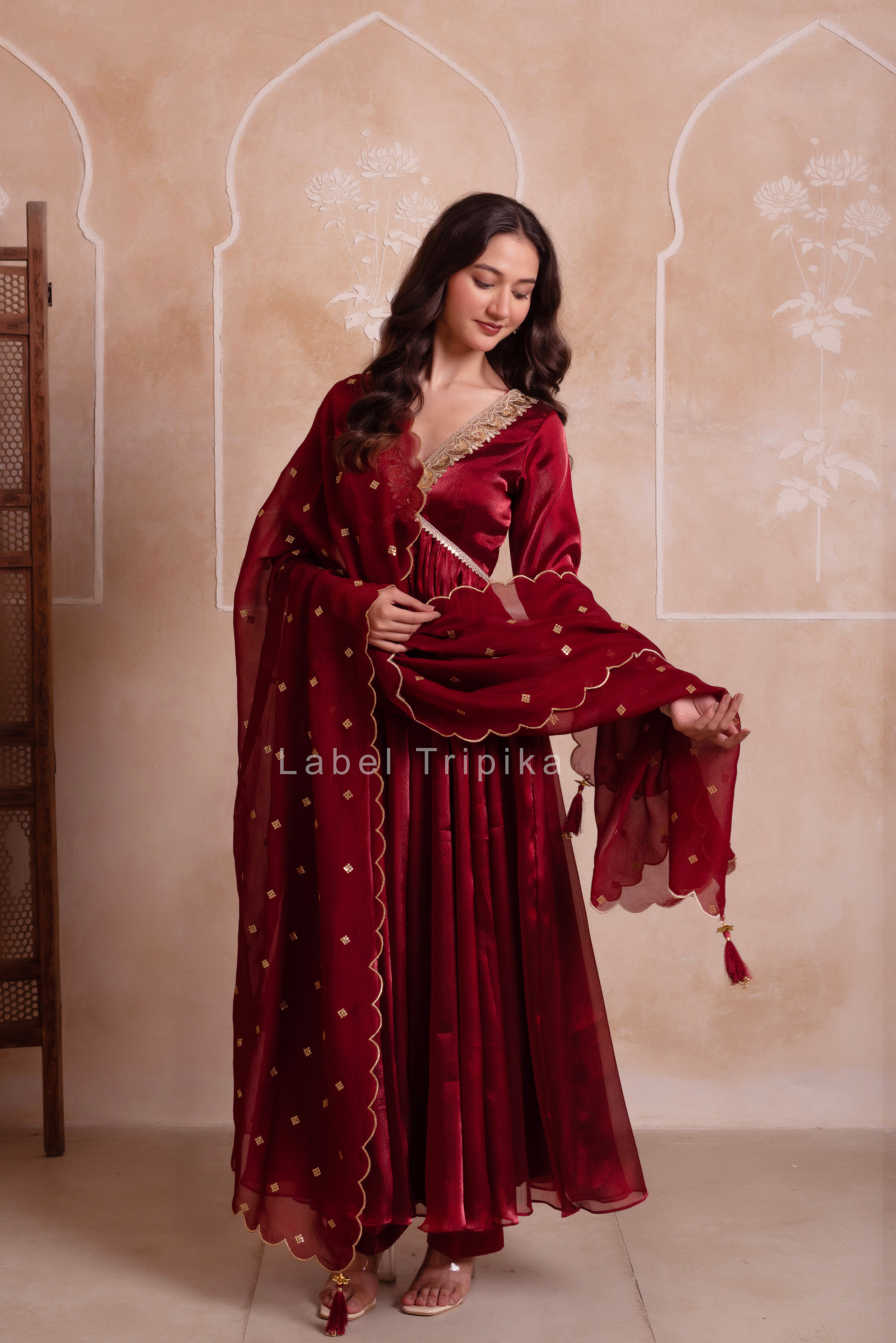 Maroon Organza Handwork Anarkali Suit Set