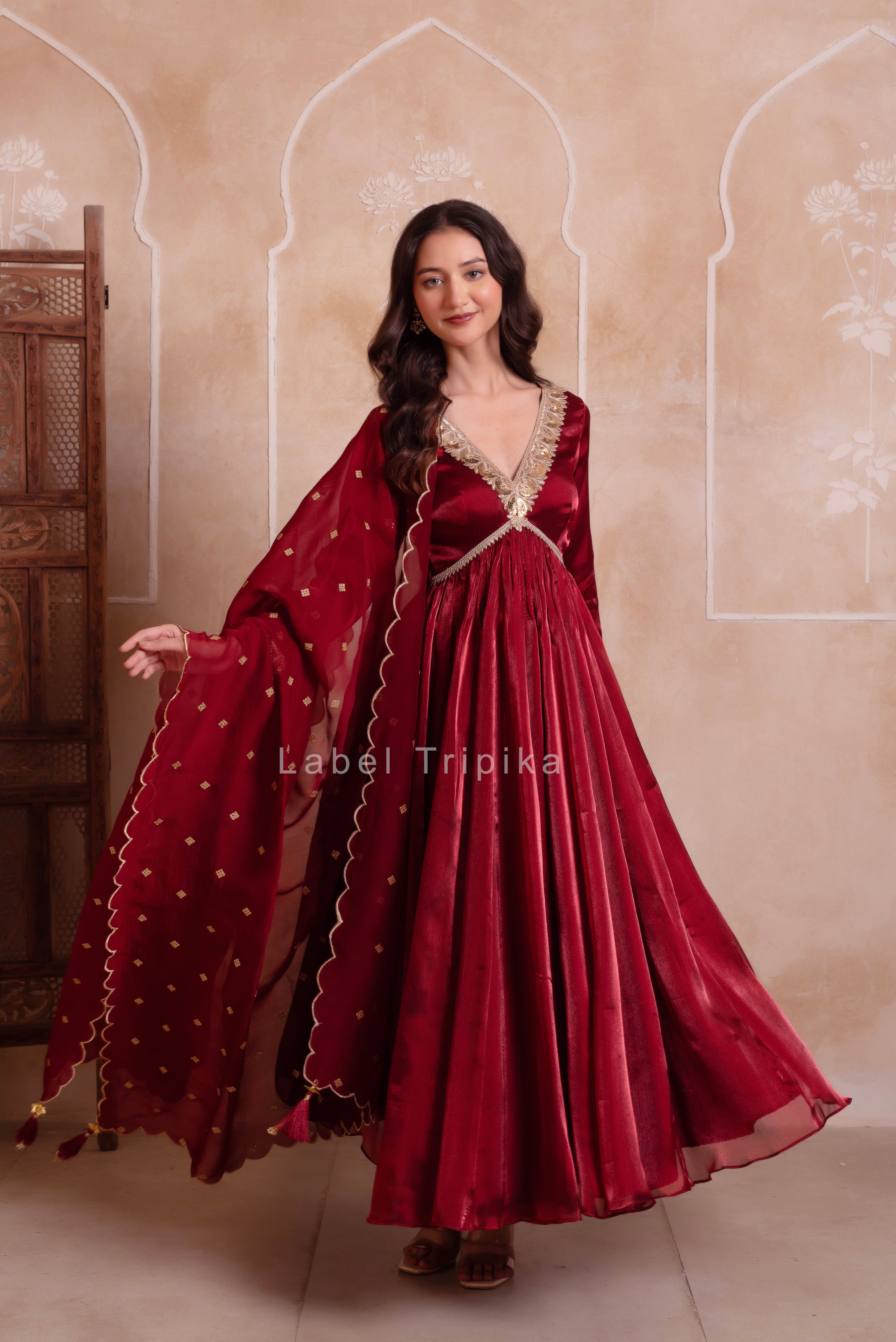 Maroon Organza Handwork Anarkali Suit Set