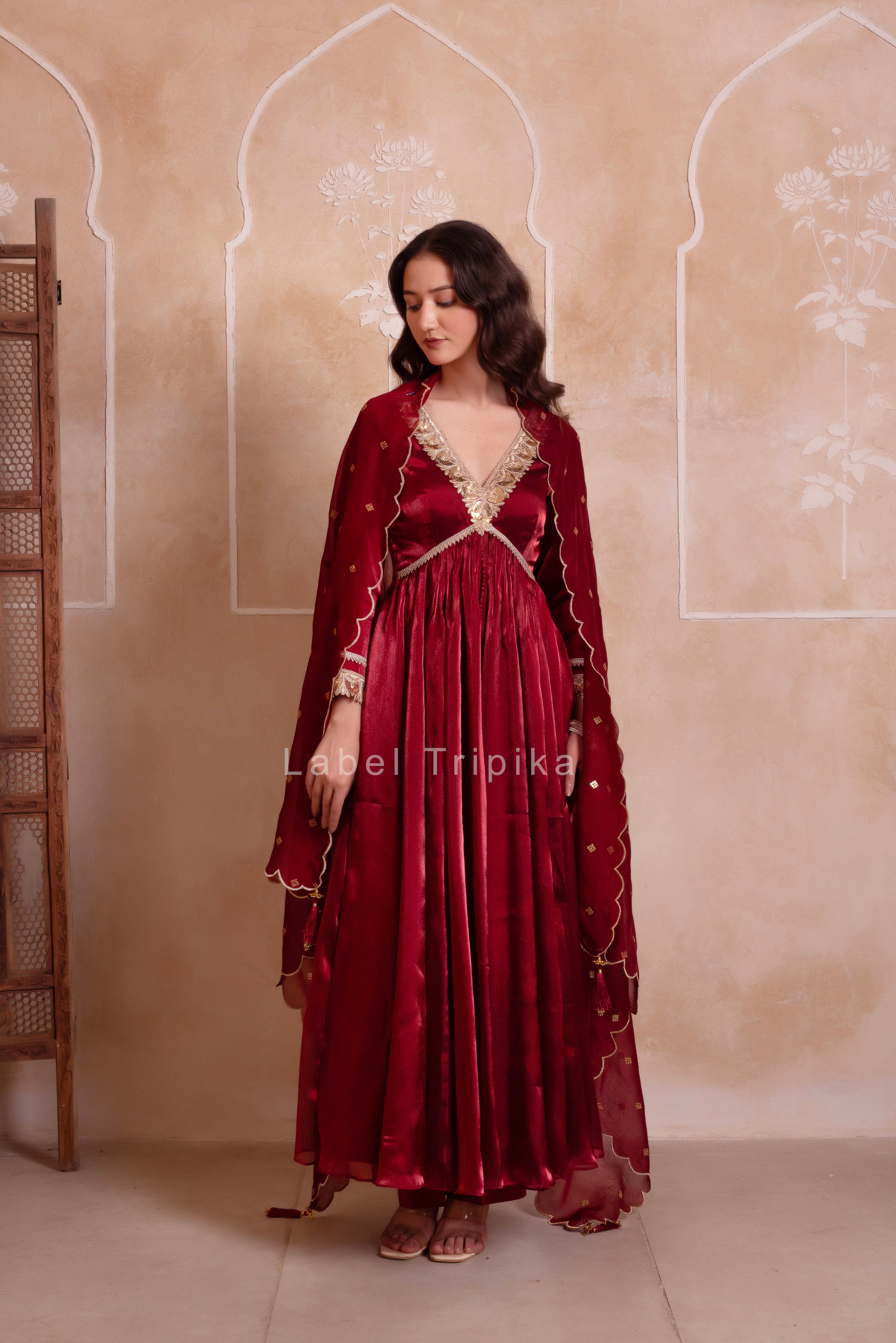 Maroon Organza Handwork Anarkali Suit Set